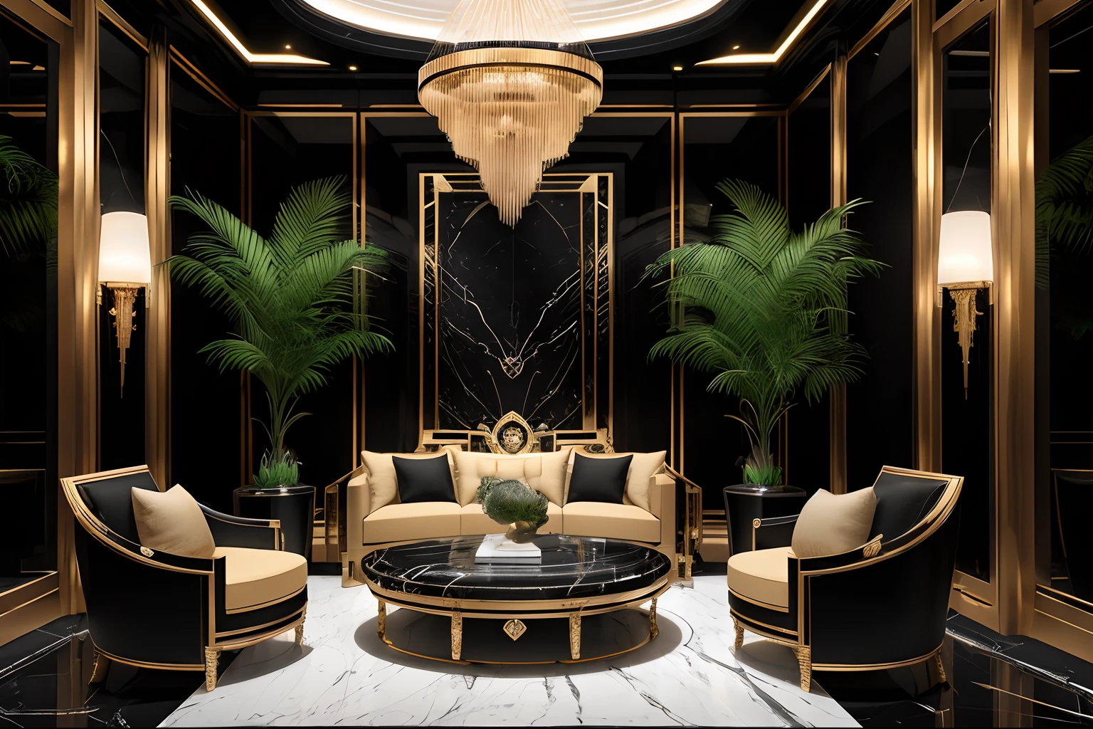 Luxury futuristic living room interior in incredible black in ancient Egyptian style ((lush verdant plants)) (The lotus flowers), ((Palm trees)), paredes rochosas, (Sand), ((falls)) (marble), ((precious minerals)), ((metals)), (Pedras preciosas), crystalline, clouds and ((Water)), ((Highly decorated ornate fine furniture made of gemstones)), crocodiles, (hyeroglyphics), (((ultra luxury))), (black marble) – with ((Beautiful lights)), Unreal Engine, corporate offices, 16 K、iPhone Wallpaper Size Images、