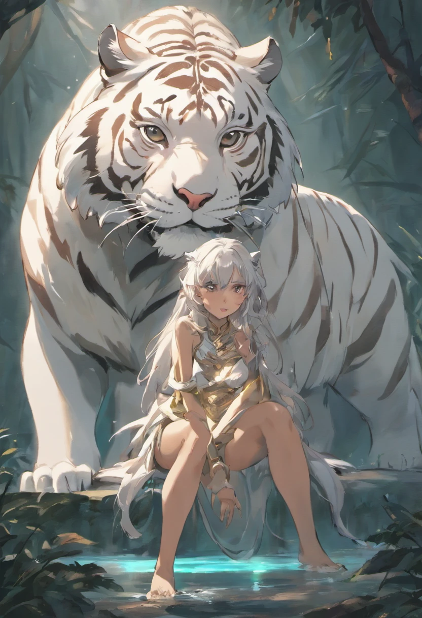 the white tiger and a mature adult female beautiful beast tamer, mature woman, (mature face:1.4), Mountain and Sea Sutra,mythological beasts, Handsome, mature face, extremely detailed, beautiful shadow and lighting, masterpiece, absurdes