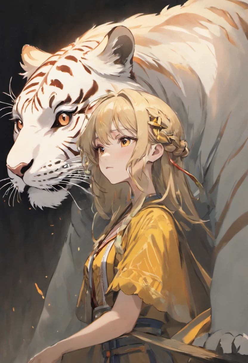 the white tiger and a mature adult female beautiful beast tamer, mature woman, (mature face:1.4), Mountain and Sea Sutra,mythological beasts, Handsome, mature face, extremely detailed, beautiful shadow and lighting, masterpiece, absurdes