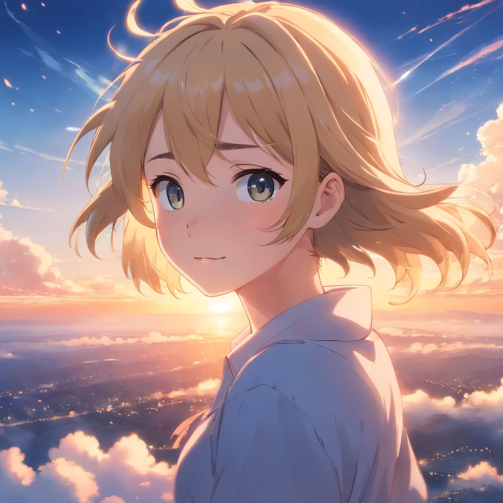 masterpiece, best quality, movie still, 1girl, cloud girl, floating in the sky, close-up, bright, happy, warm soft lighting, sunset, (sparks:0.7) blonde hair,  haezel eyes,