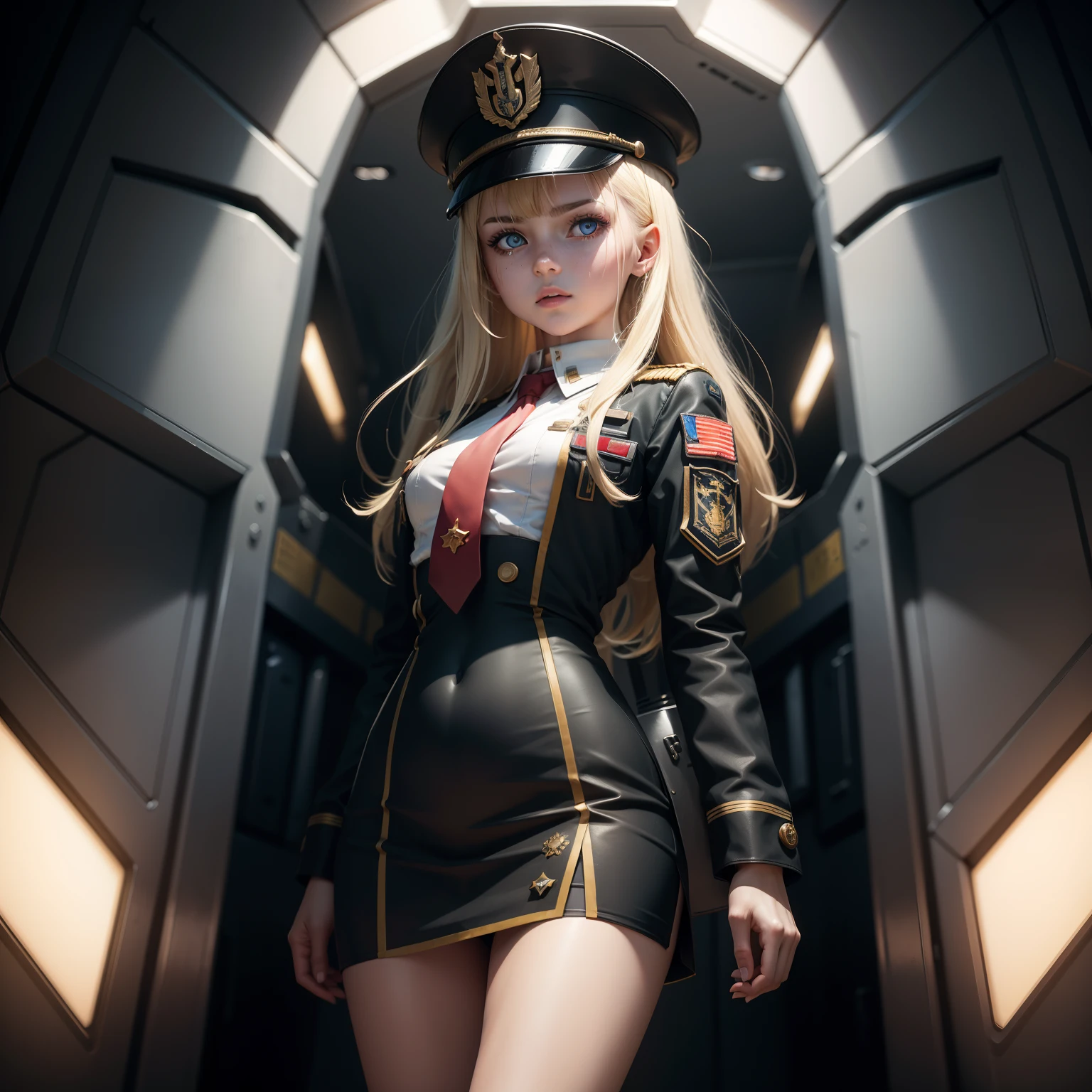 Ukrainian girl getting off the helicopter , Ukrainian anime girls , , Ukraine , Full body composition of young girl with messy bright blonde hair, eye make up, , Soft lighting, Solo, Old torn dirty shabby futuristic military uniform, badges, Pose, Blotch color, Octane Render, Hyperrealistic intricate detail, Cinematic, 8K resolution, 70mm, Accent Lighting, Global Illumination, Full body portrait, clean detailed faces, intricate clothing, Cute face, flat chest, Slim waist, Slim legs, small hips,Colonel's clothes,Colonel's hat,Wearing a tie,