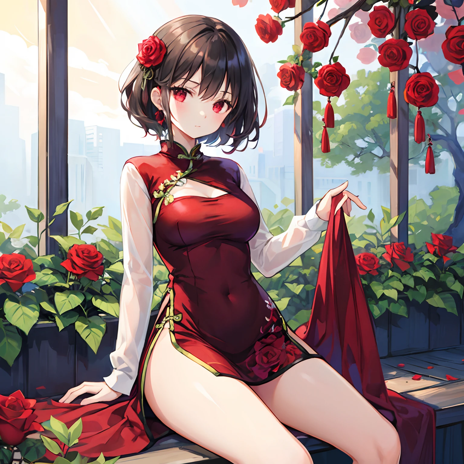 A dark-haired、red eyes、Beautiful girl alone、qipao dress、sitting on、Bright Red Rose Garden、
