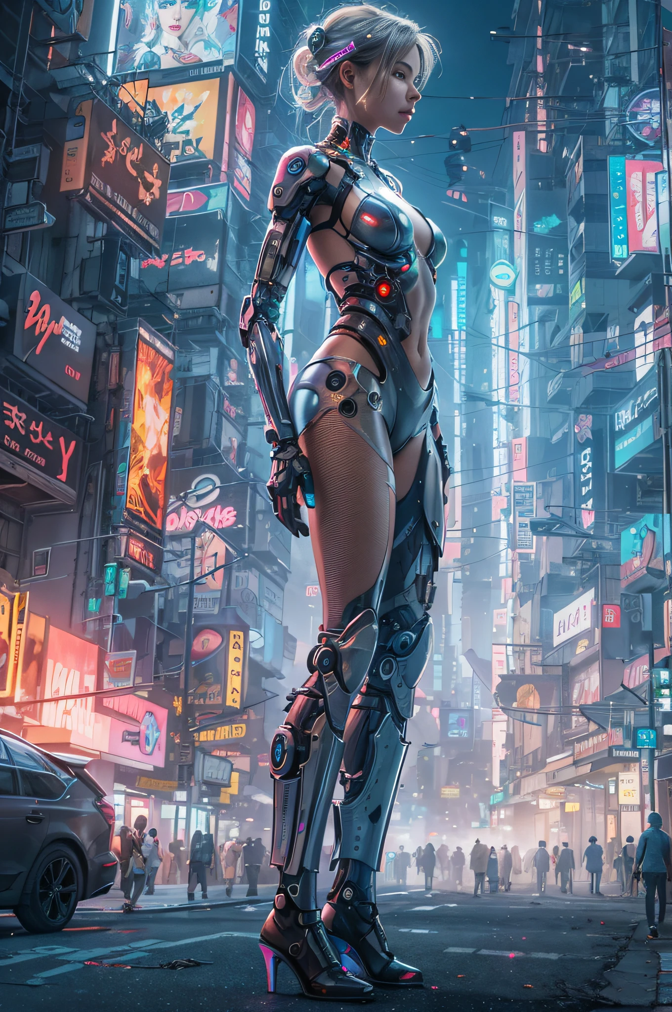 Within a futuristic metropolis, a cyborg woman, her attire shredded, stands against the backdrop of towering holographic billboards, amidst a sea of bustling crowds, showcasing the fusion of human and machine in a cyberpunk world, Digital art, high-resolution render, --ar 16:9 --v 5