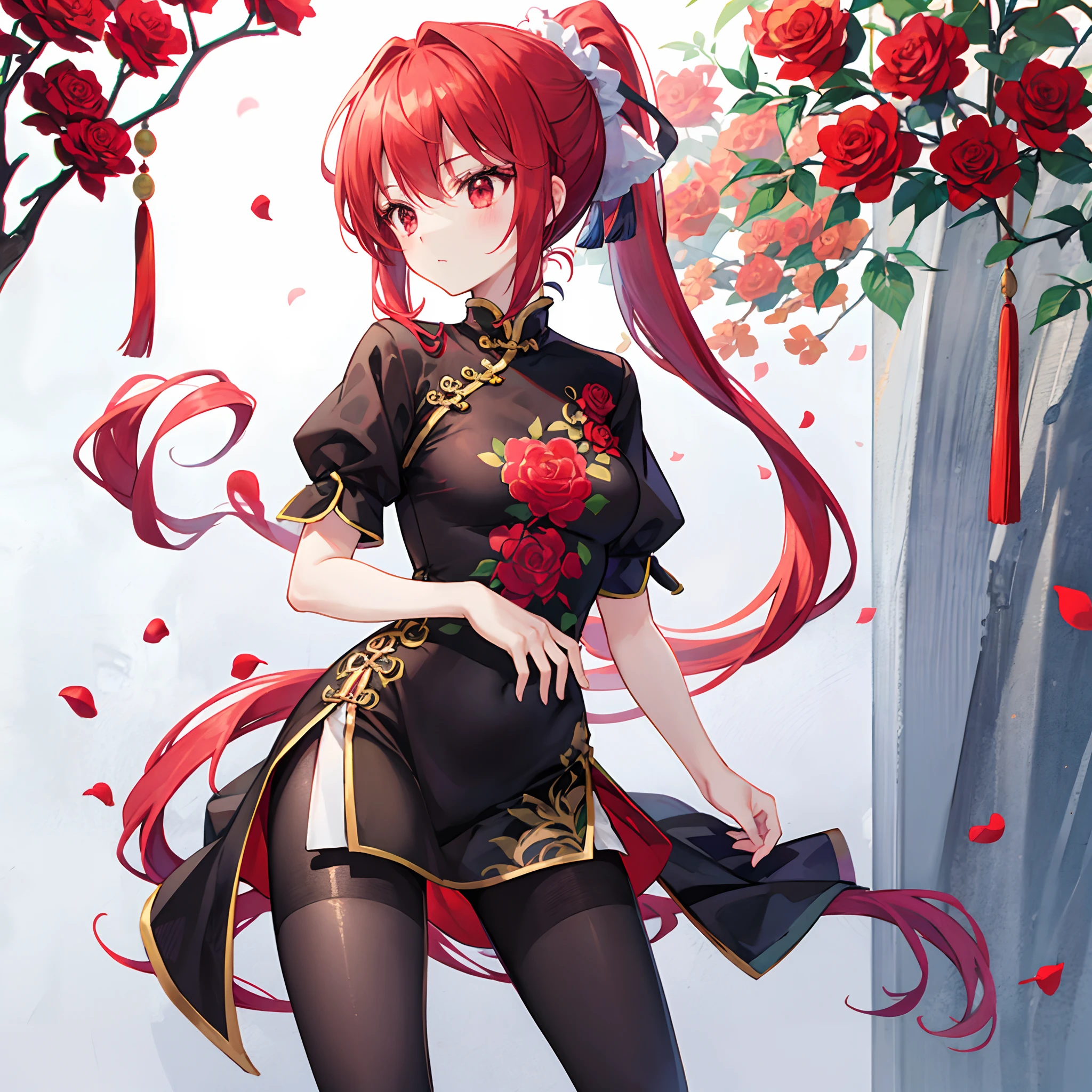 Redhead ponytail、red eyes、Beautiful girl alone、chinese clothes、Bright red rose garden、Black tights