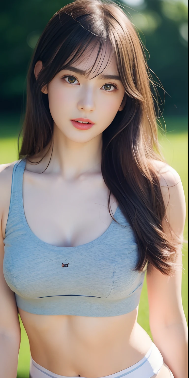 （Lifelike， A high resolution：1.3）， 1 girl with a perfect body， Super fine face and eyes，long whitr hair， Tank top of random colors：1.2， short jeans pants， Bigboobs，Expose cleavage