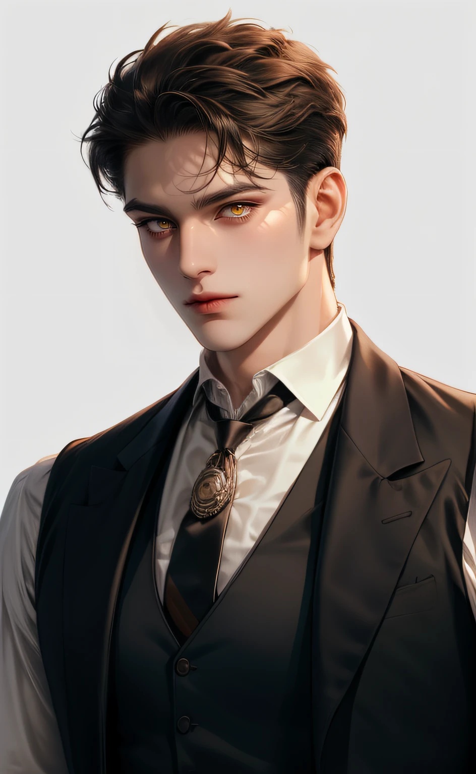 (masterpiece,best quality,ultra_detailed,highres,absurdres),1 mature male, 30-ish, (wide shoulder), (muscular), male focus, solo, brown undercut hair, chain, shirt, black necktie, necktie, simple background, yellow eyes, upper body, vest, short hair, looking at viewer, smile face, parted lips, collared shirt, round eyewear, long sleeves, hand on own shoulder, white shirt, brown background, black vest, monocle, jewelry.