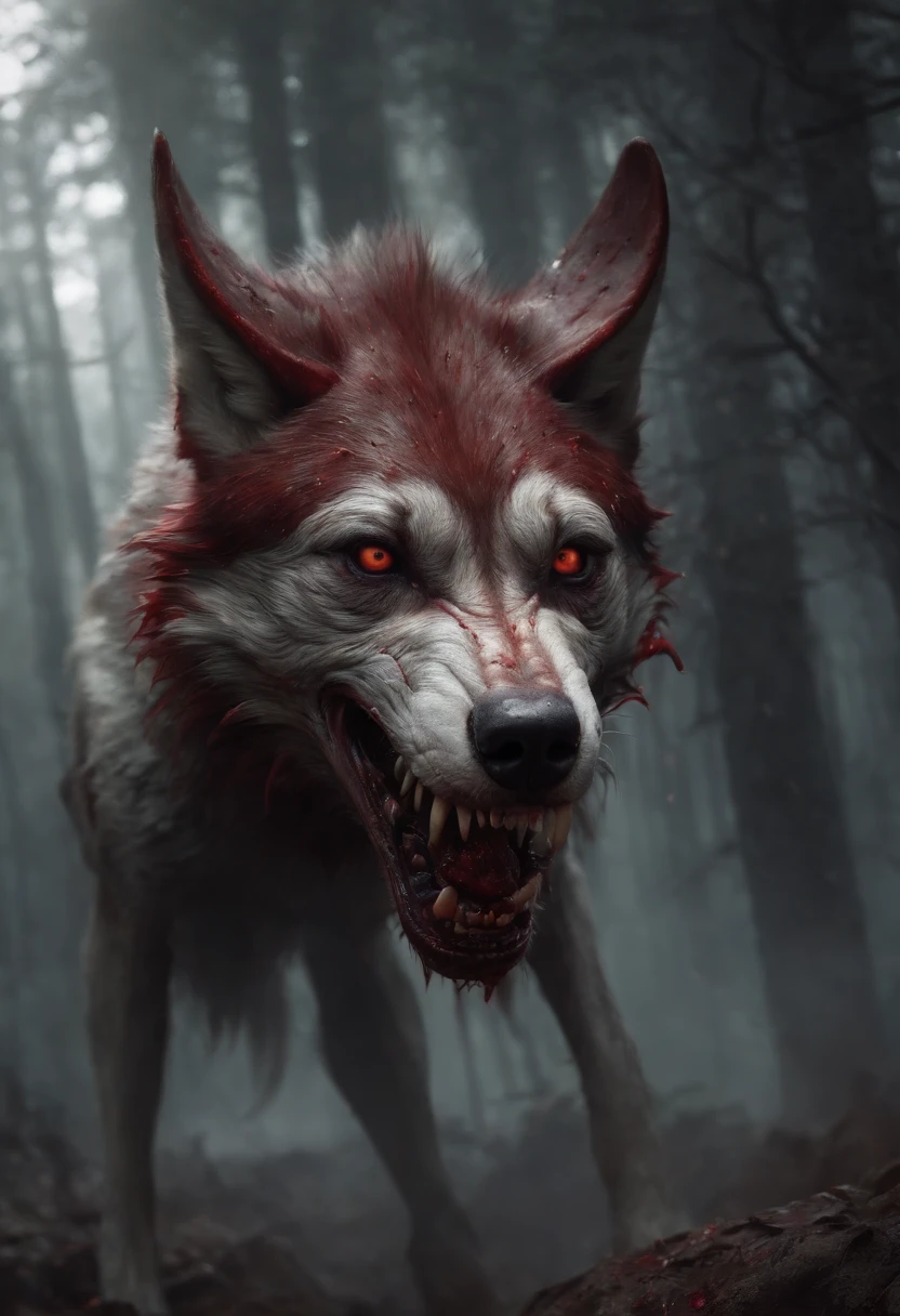 A painting of a mutant wolf with its skin made of jungle and leaves with a bloody face and a bloodied head and horns made of wood, carnificina, Sci - Horror Art of Fiction, Science fiction horror art, Presas da carnificina, arte de fantasia de terror, arte conceitual de terror, veneno, Arte de fantasia e terror, Detailed illustration of 4K horror, demonic creature, arte de terror de fantasia sombria