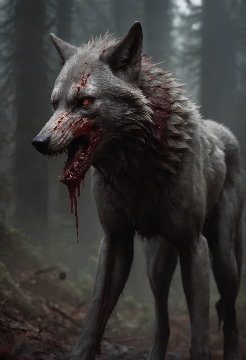 A painting of a really messed up wolf with a bloodied face and a bloodied head, carnage, drooling jaw, inspired by Ridley Scott's Alien, Horror fantasy art, par Aleksi Briclot, Detailed illustration of 4K horror, Demonic creature, Dark Fantasy Horror Art