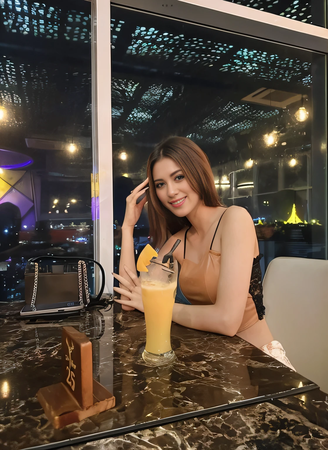 araffe woman sitting at a table with a drink in front of a window, with a drink, captured on canon eos r 6, shot on canon eos r5, shot on canon eos r 5, shot with sony alpha 1 camera, dilraba dilmurat, smooth in _ the background, shot on nikon z9, shot with sony alpha