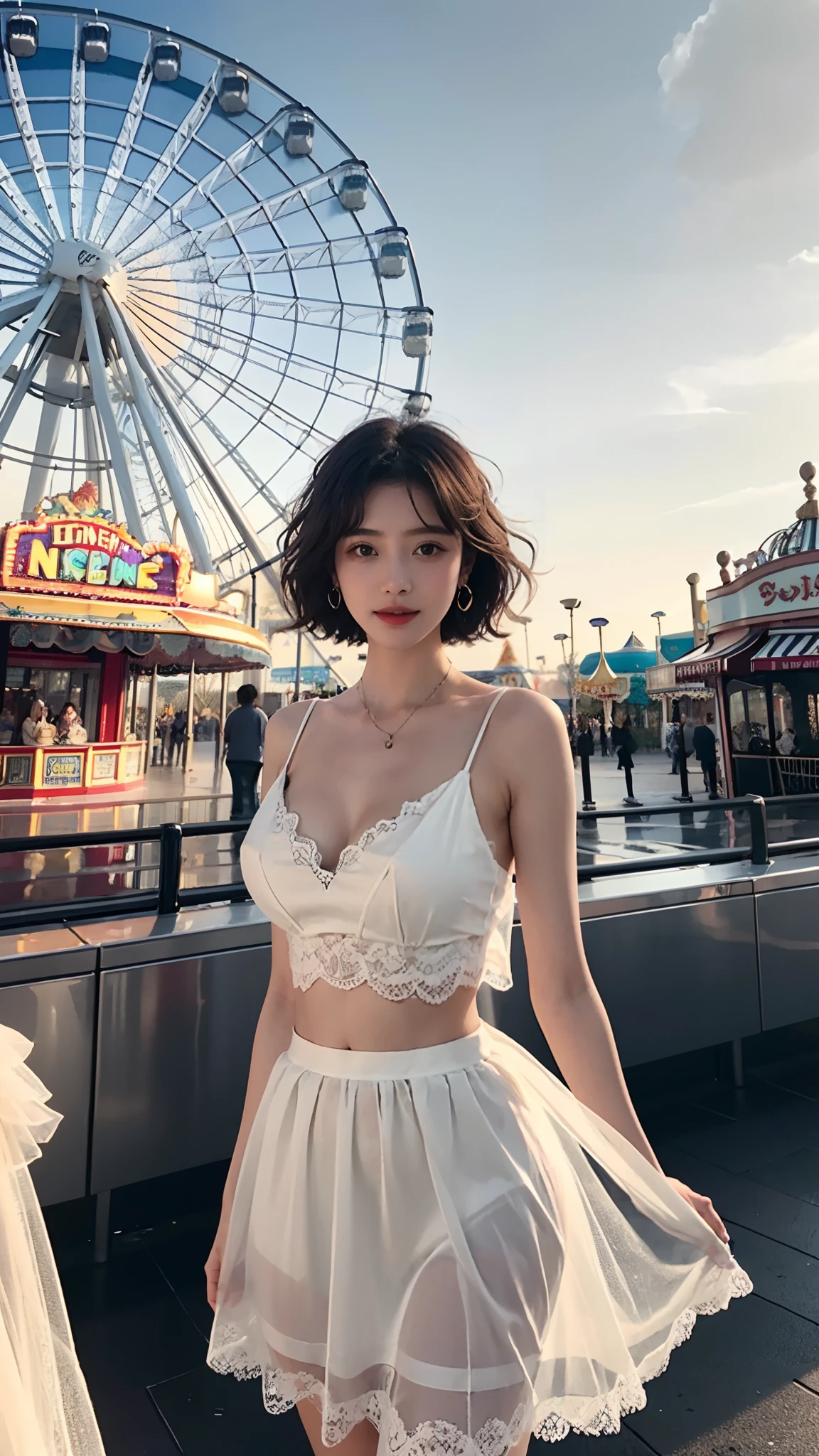1 girl, slim,thin, big breasts,Shoulder length Fluffy short curly hair ,Low V-neck white evening dress transparent lace gauze skirt ,navel,looking at the camera,Amusement Park, Ferris Wheel