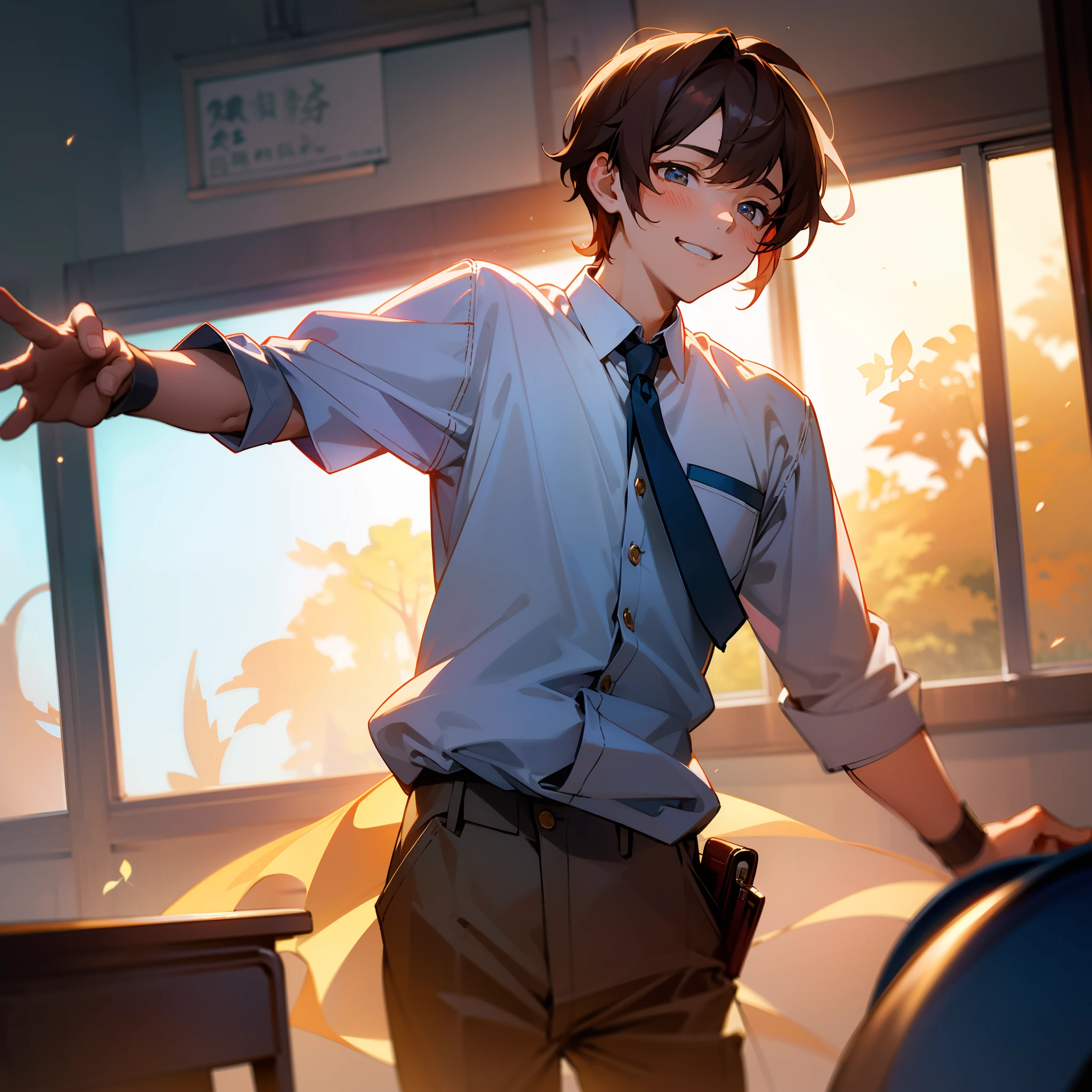 ,A teenager,Beautiful boy,(Libido boy),pupils,Separate lips,(Flirting smiles),brunette color hair,(student clothes),(Hand pockets),(Look to the side),(Wave your arms),(Classroom),Contour light,dingdall effect,Backlight,Ambient lighting,lense flares,Macro lens,超高分辨率