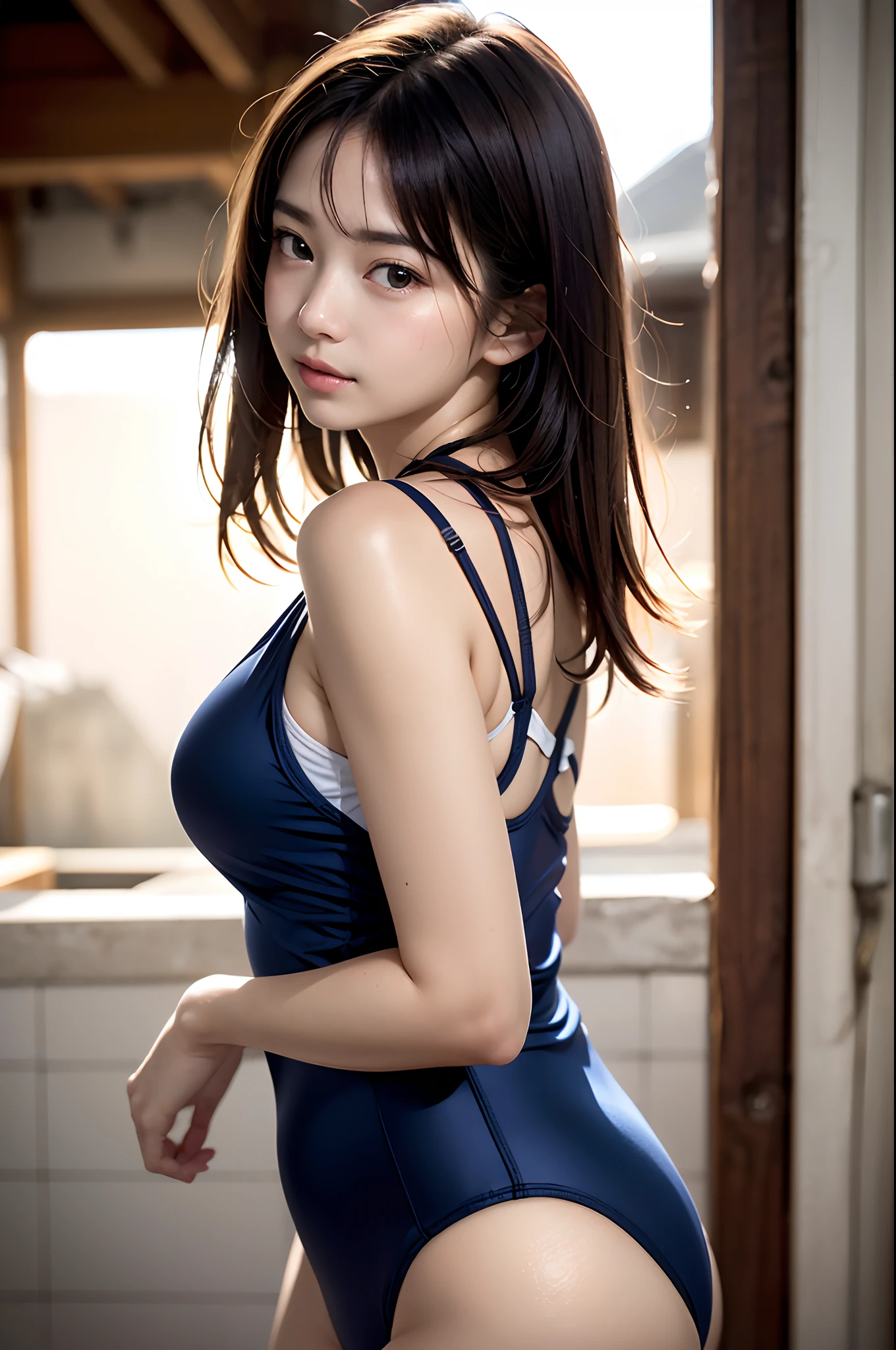Dress up、(Photo Real:1.4)、(A hyper-realistic:1.4)、(Photorealistic:1.3)、 (Gentle lighting: 1.05)、(Improve video lighting quality:0.9)、 girl、photorealistic lighting、Back lighting、Facial Lights、raytrace、(Bright:1.2)、(Increase quality:1.4)、 (Top quality real texture skins)、Fair eyes,A delicate and delicate face、 (tired and sleepy and satisfied : 0.0), (Bodyline mood improvement:1.1)、Glossy skin、Gravure Idol Pose、Beautiful actress、Neat and clean woman、 full body Esbian、8K,top-quality,Real Image,intricate detailes,超A high resolution,Depth Field,masuter piece,natural soft light,profetional lighting,1 girl in,(cute little:1.2),A detailed eye,((Brown-eyed)),(Brown hair),(bangss), Old Style School Swimwear, onepiece swimsuit, (Navy blue school swimsuit),From below,((from the front side)),((Concrete background))