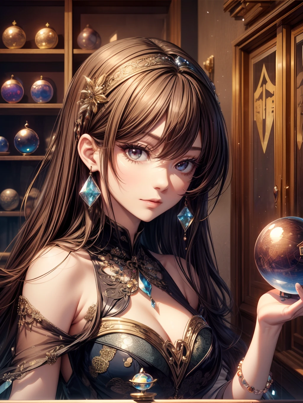 Best Quality, masutepiece, beautiful mature women、Beautiful face、Strong-minded woman、fortune teller、brown haired、Brown-eyed、Longhaire、Undersized eyes、(((Holding a crystal ball)))、(((House of fortune telling)))