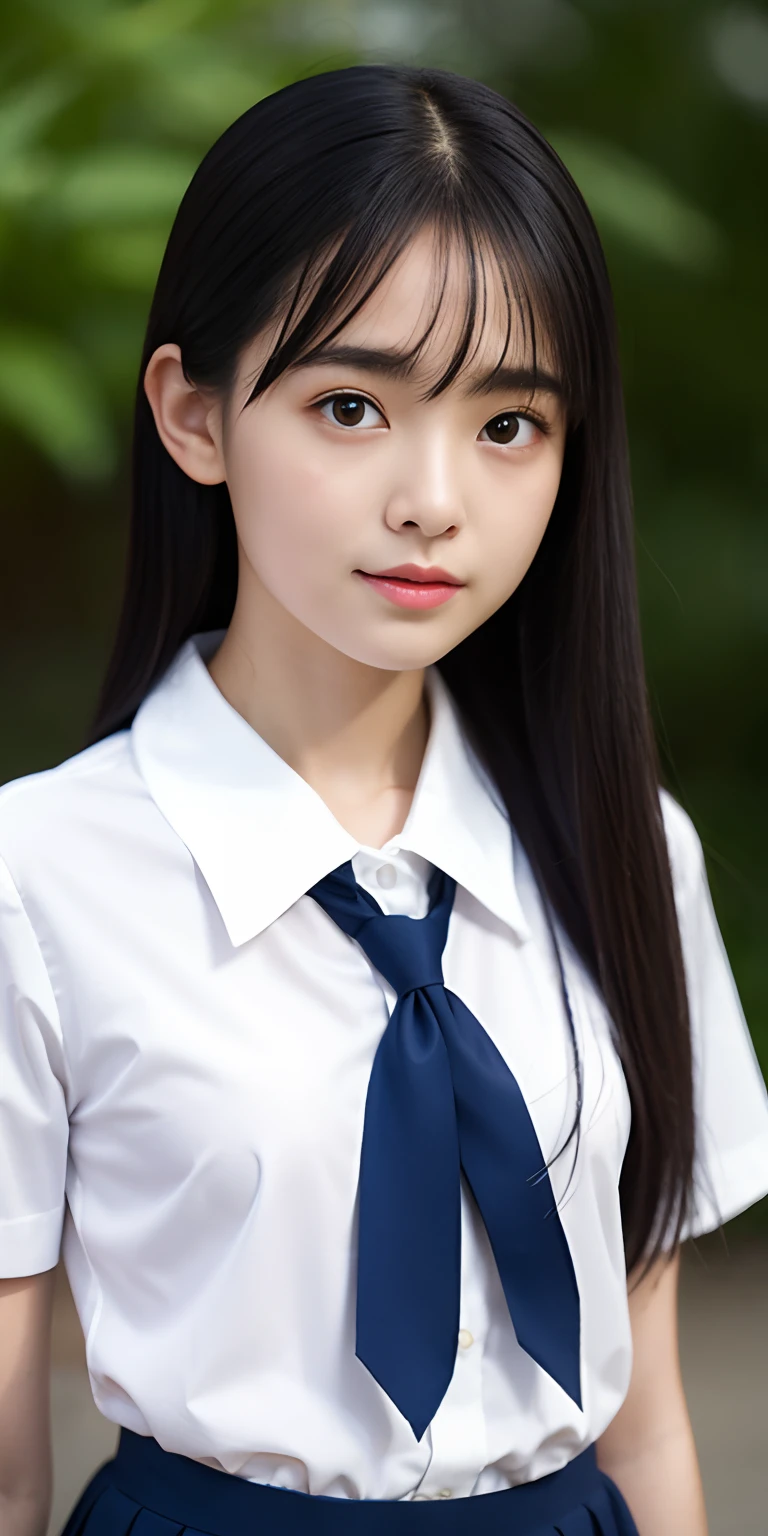 Neat and clean girl、(Schoolgirl Uniform、Loose and large shirt、Shoulders are visible、Nipple bumps、16yo gshirt wet、Sheer white shirt、Navy blue ribbon at the collar、School Uniform Blazer、Dark blue pleated micro mini)、Outside the field、(Slimed)、Photorealsitic、detaileds, Skin Texture, ultra-detailliert、Delicate and sexy collarbone、Super Detailed Face、Detailed lips、A detailed eye、二重まぶた、tiny chest、Smaller chest、small tit、Small、flat breast、Emphasis on the chest、Very distressed look、Very embarrassed look、Lift the hem of the skirt yourself,、Show the camera your white panties