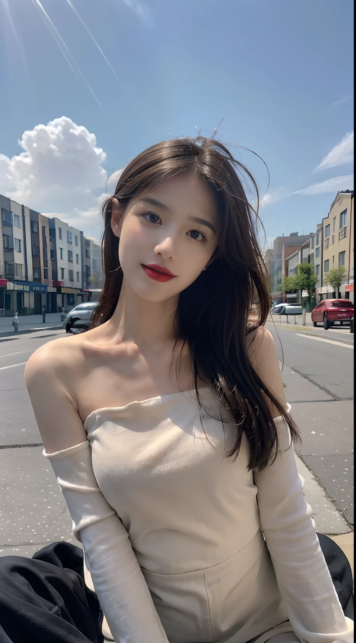 ((best quality, 8K, masterpiece: 1.3)), focus: 1.2, perfect body beautiful: 1.4, buttocks: 1.2, ((layered hairstyle, flat chest: 1.2)), (rain, street:1.3), tube top dress: 1.1, Highly detailed facial and skin textures, narrow eyes, double eyelids, skin whitens, long hair, (shut up: 1.3), whole body