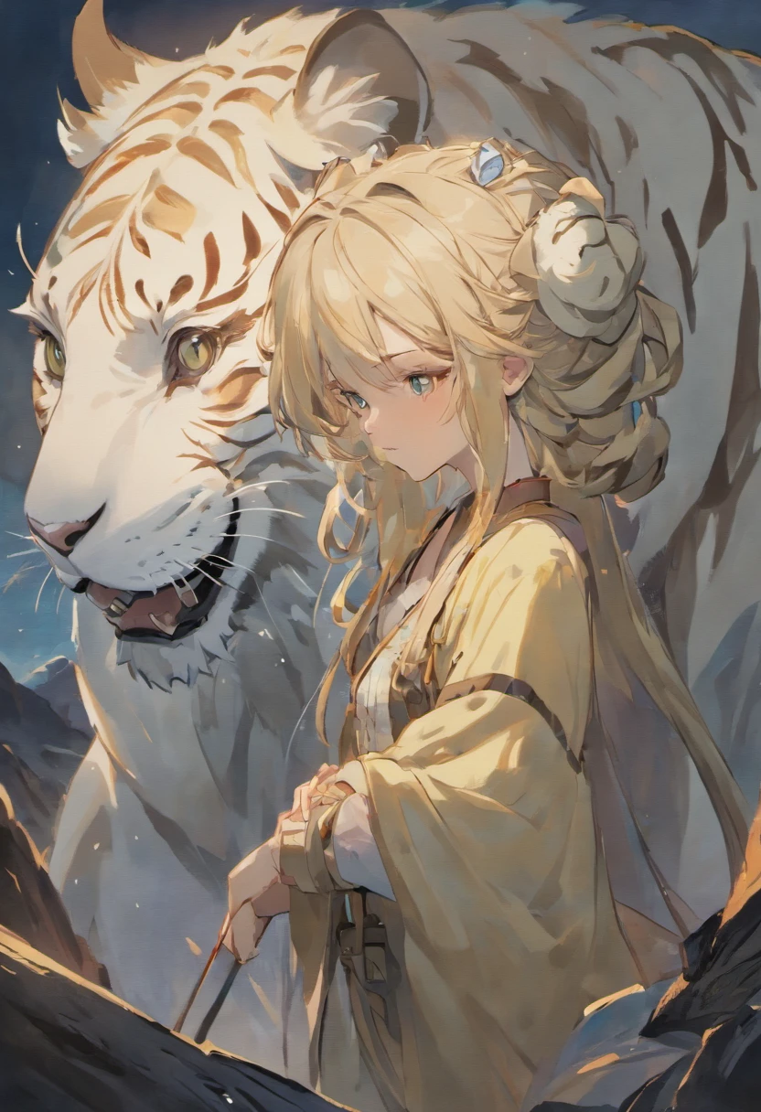 the white tiger and a mature adult female beautiful beast tamer, mature woman, (mature face:1.4), Mountain and Sea Sutra,mythological beasts, Handsome, mature face, extremely detailed, beautiful shadow and lighting, masterpiece, absurdes