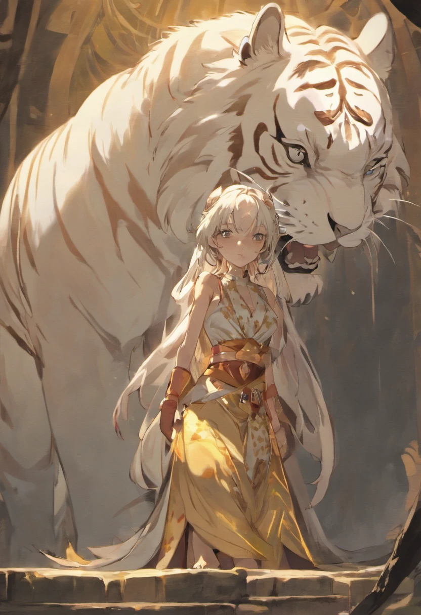 the white tiger and a mature adult female beautiful beast tamer, mature woman, (mature face:1.4), Mountain and Sea Sutra,mythological beasts, Handsome, mature face, extremely detailed, beautiful shadow and lighting, masterpiece, absurdes