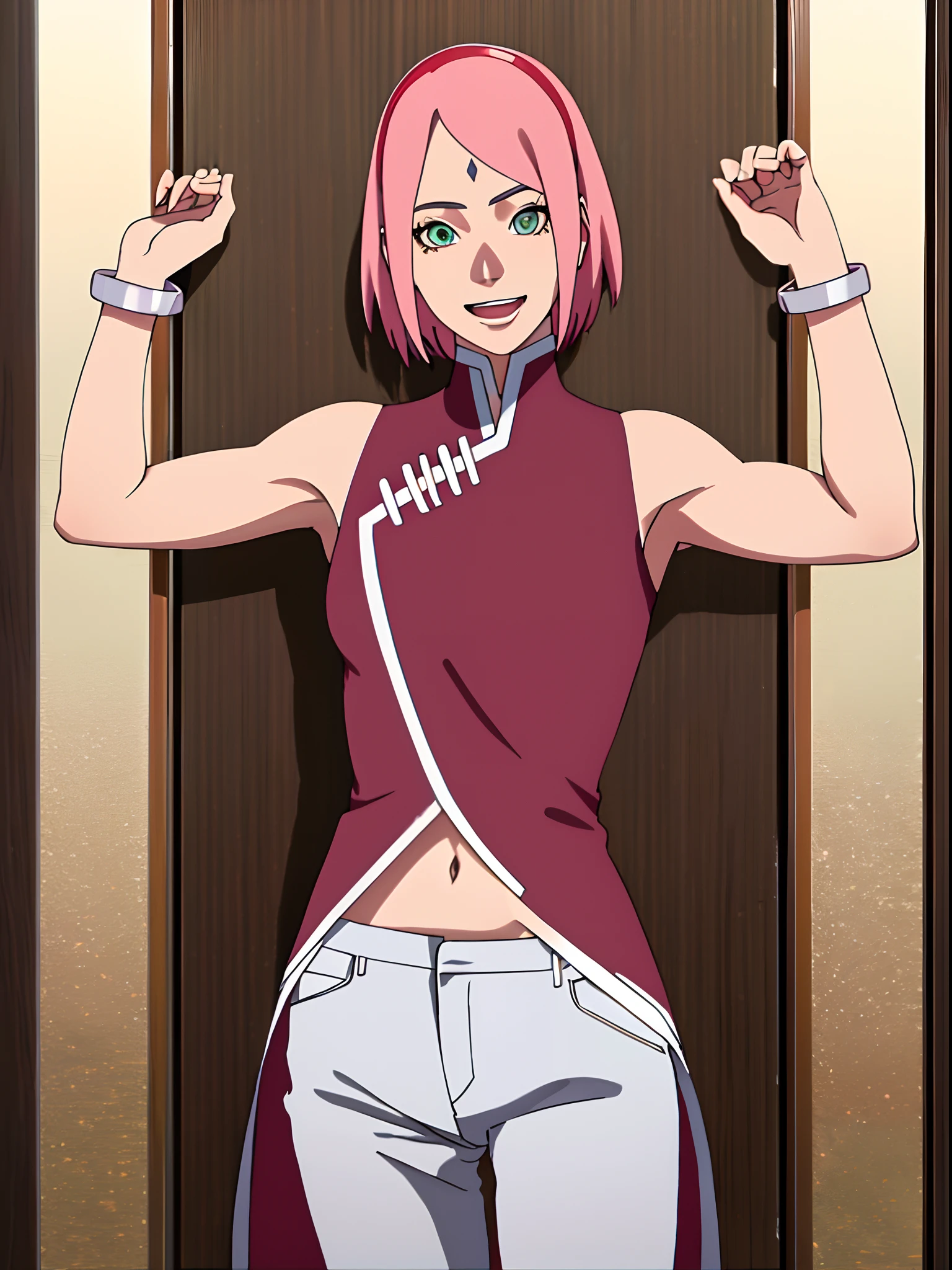 masterpiece, 4k, portrait, cowboy shot, (night), professional artwork, intricate details, colorful, digital blending, (ultra detailed body, ultra detail hair, ultra detail face), trending on pixiv, kind smile, best quality, anime style: 1.9, 1girl, hires, haruno sakura, (forehead mark, milf, red hairband, pale skin, (small breasts), short hair, ((red sleeveless dress,), white pants), (navel, belly button, slender body, slender belly, bracelet, pink hair, open mouth, big eyes), smile, beach, wind, floating hair, detailed arms, off-shoulders, broad shoulders, (slightly muscular arms, slightly strong biceps), (both armpits , both hands up high), fancy couch, relaxing, laying, talking, looking at the viewer, showing armpit)