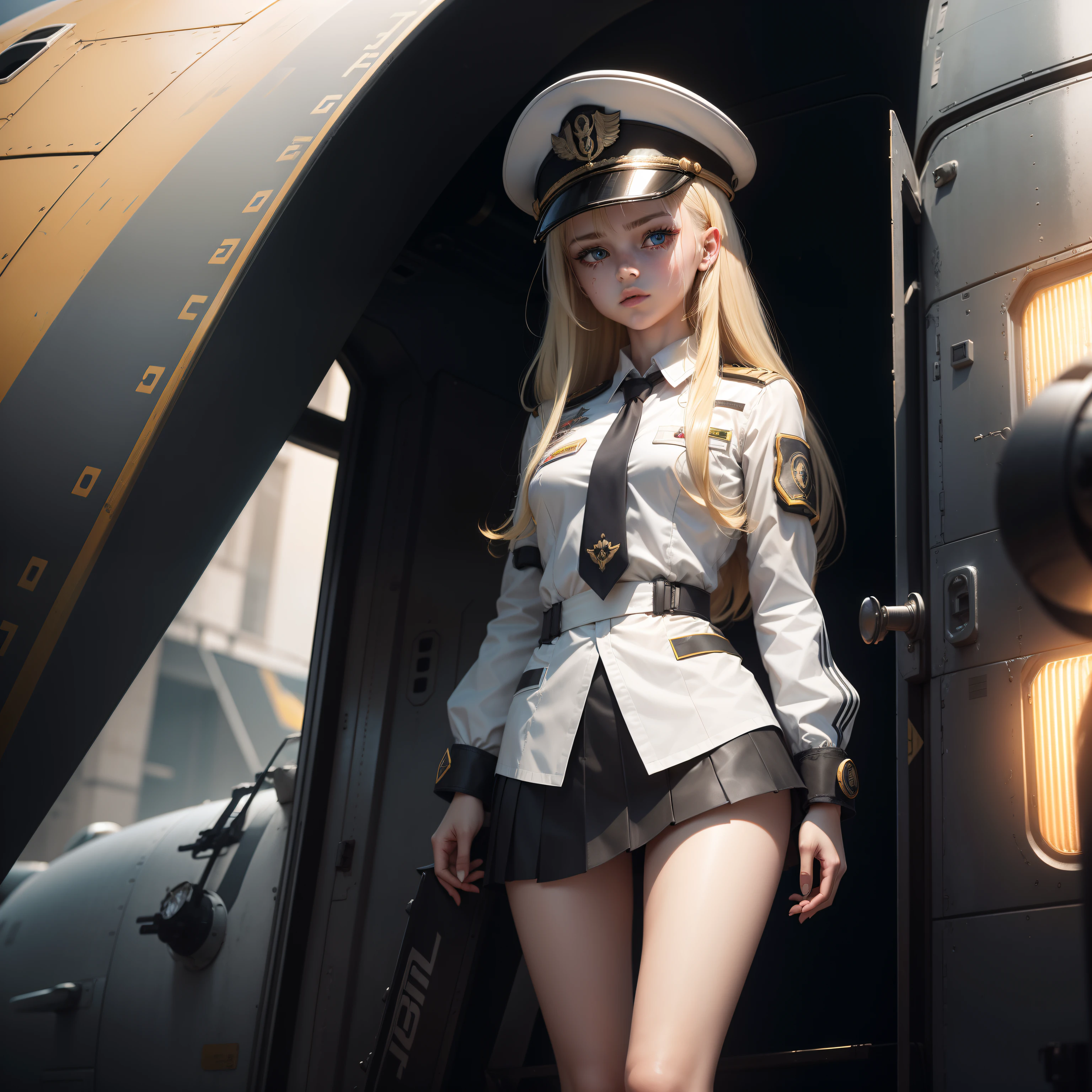 Ukrainian girl getting off the helicopter , Ukrainian anime girls , , Ukraine , Full body composition of young girl with messy bright blonde hair, eye make up, 13 year old, Soft lighting, Solo, Old torn dirty shabby futuristic military uniform, badges, Pose, Blotch color, Octane Render, Hyperrealistic intricate detail, Cinematic, 8K resolution, 70mm, Accent Lighting, Global Illumination, Full body portrait, clean detailed faces, intricate clothing, Cute face, flat chest, Slim waist, Slim legs, small hips,Colonel's clothes,Colonel's hat,Wearing a tie,