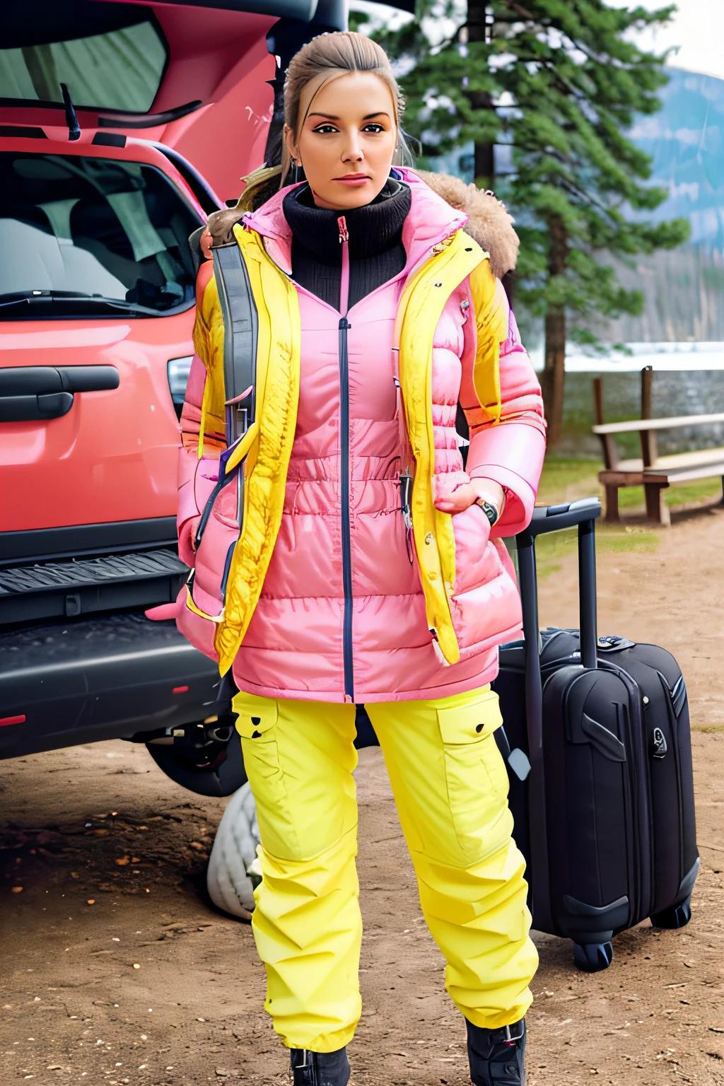 Make a woman with big breast, Pink long winterjacket , with open zipper, with face, body, Lakeside house, travel bag, yellow pants, camper, dog