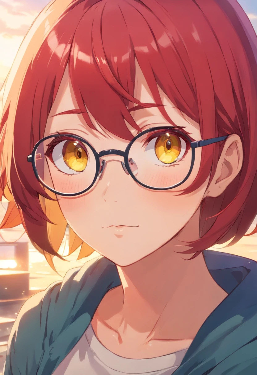 Red hair, forehead, glasses , yellow eyes, wince, blush，20s anime aesthetics.20s anime