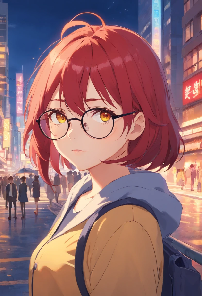 Red hair, forehead, glasses , yellow eyes, wince, blush，20s anime aesthetics.20s anime