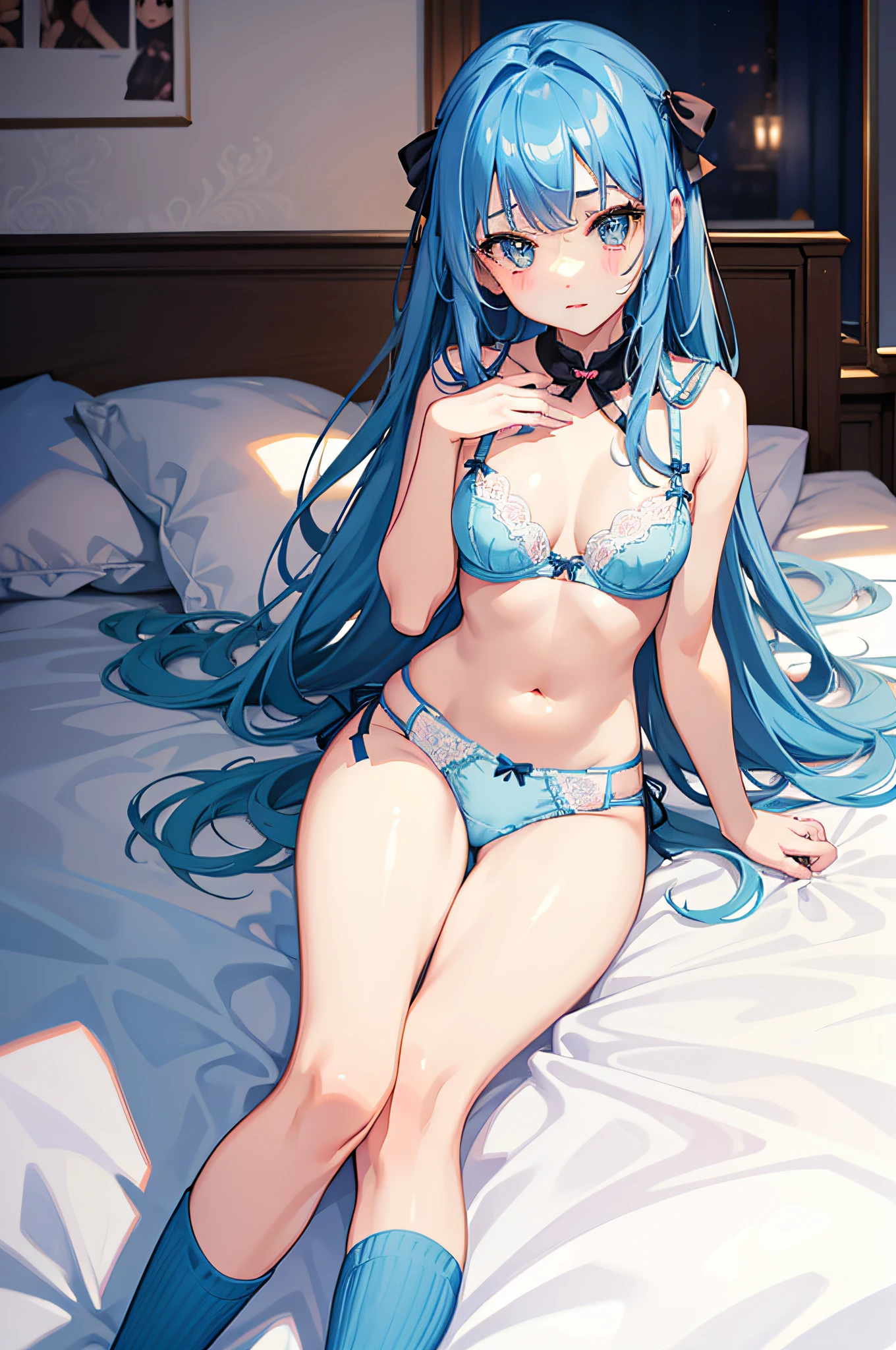 1 girl in、Cute Beautiful Girl、Young Face、((Bra and panties))、(knee high socks)、thighs thighs thighs thighs、Light blue hair、Constriction、((13 year old))、on the beds、((Tempting))、(natta)、top-quality、photos realistic