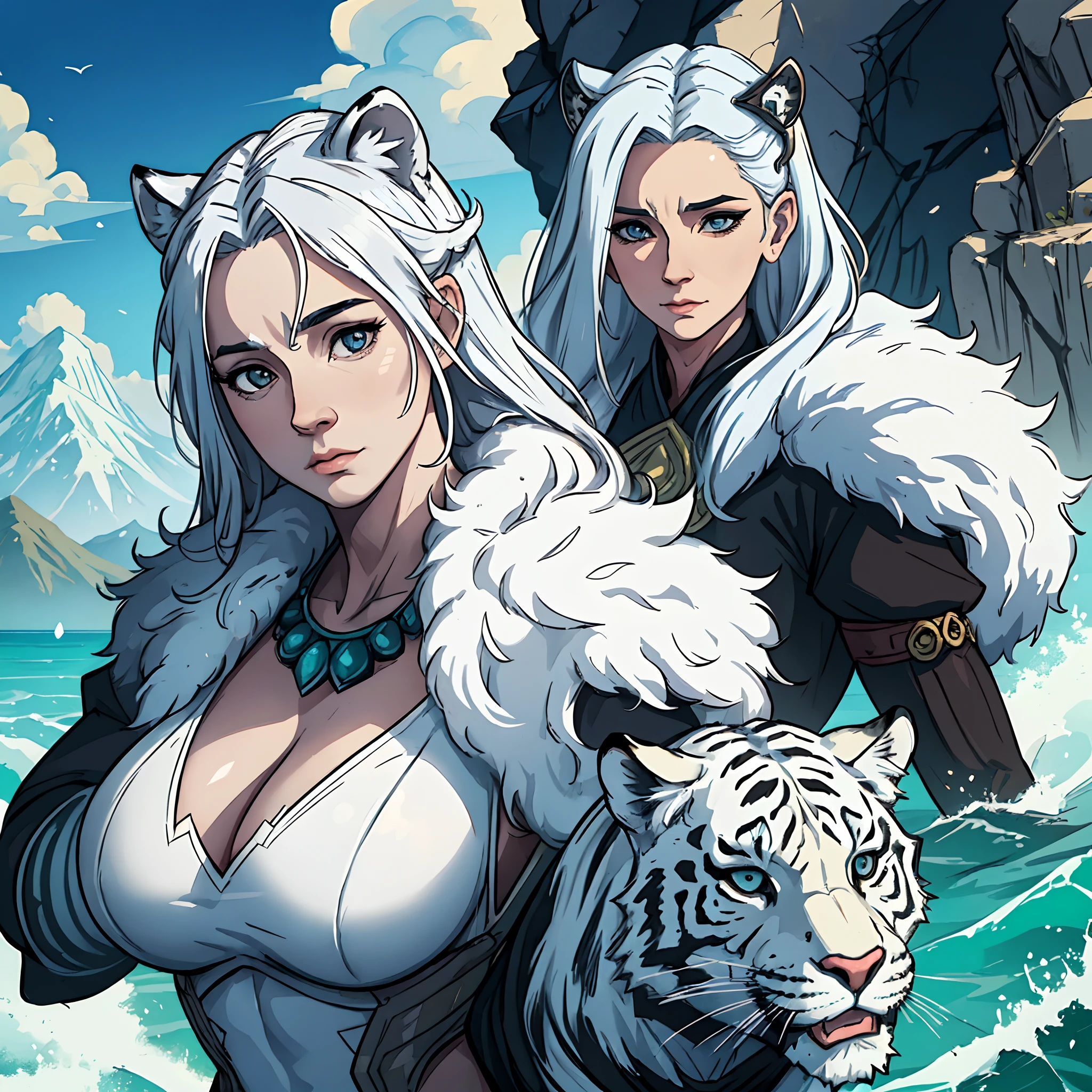 the white tiger and a female beautiful beast tamer, (mature woman:1.4), (mature face:1.4), Mountain and Sea Sutra,mythological beasts, Handsome, mature face, extremely detailed textures, beautiful shadow and lighting, masterpiece, absurdes