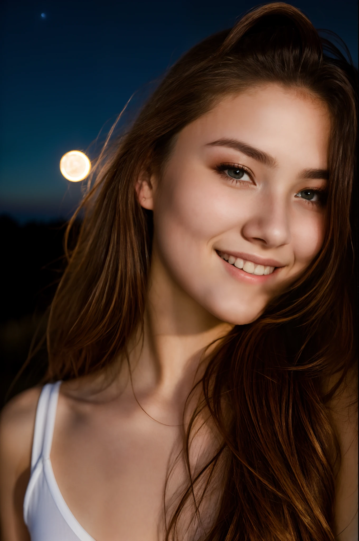 (masterpiece: 1.1), (best quality:1.1) (nphot), (photo of an 18 years old girl), (night sky, camera flash, bad flash, overexposure), (photorealistic: 1.3), perfect face, beautiful eyes, stunning model, petite, beautiful smile