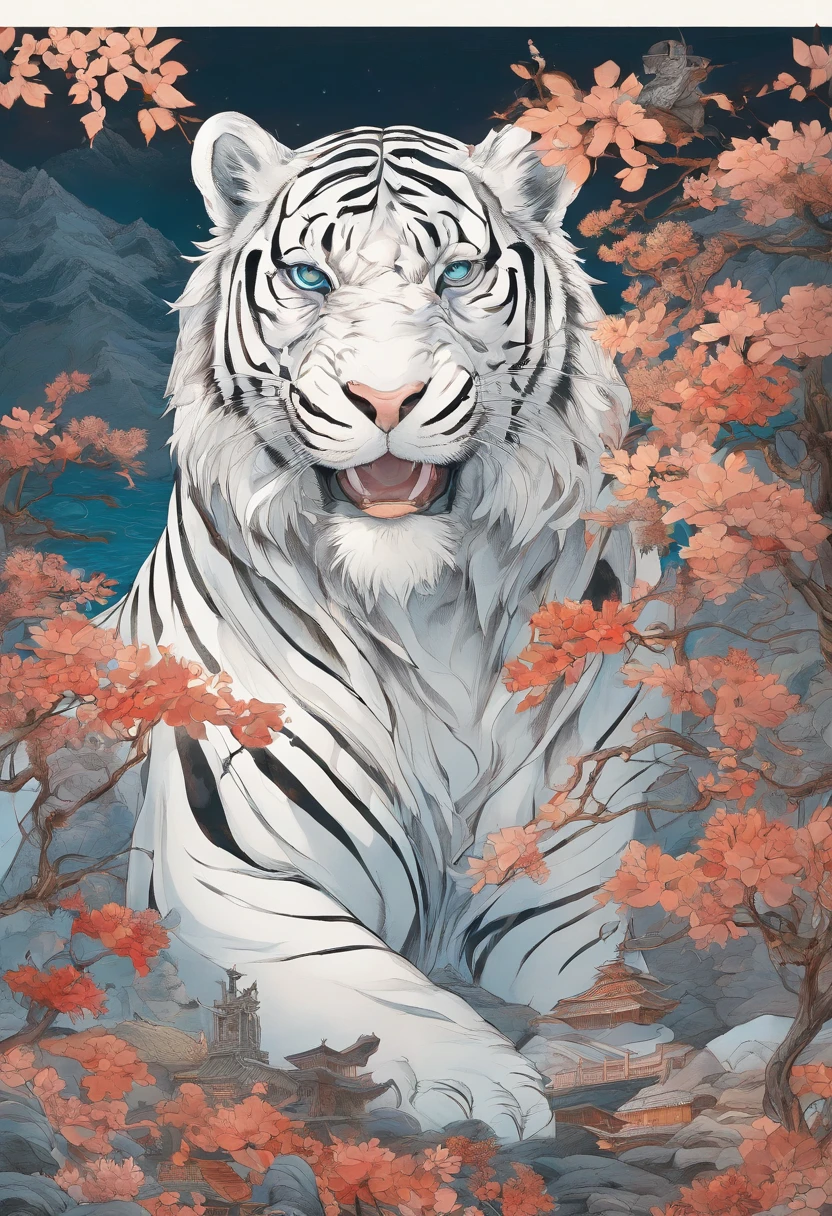 the white tiger and a mature adult female beautiful beast tamer, mature woman, (mature face:1.4), Mountain and Sea Sutra,mythological beasts, Handsome, mature face, extremely detailed, beautiful shadow and lighting, masterpiece, absurdes