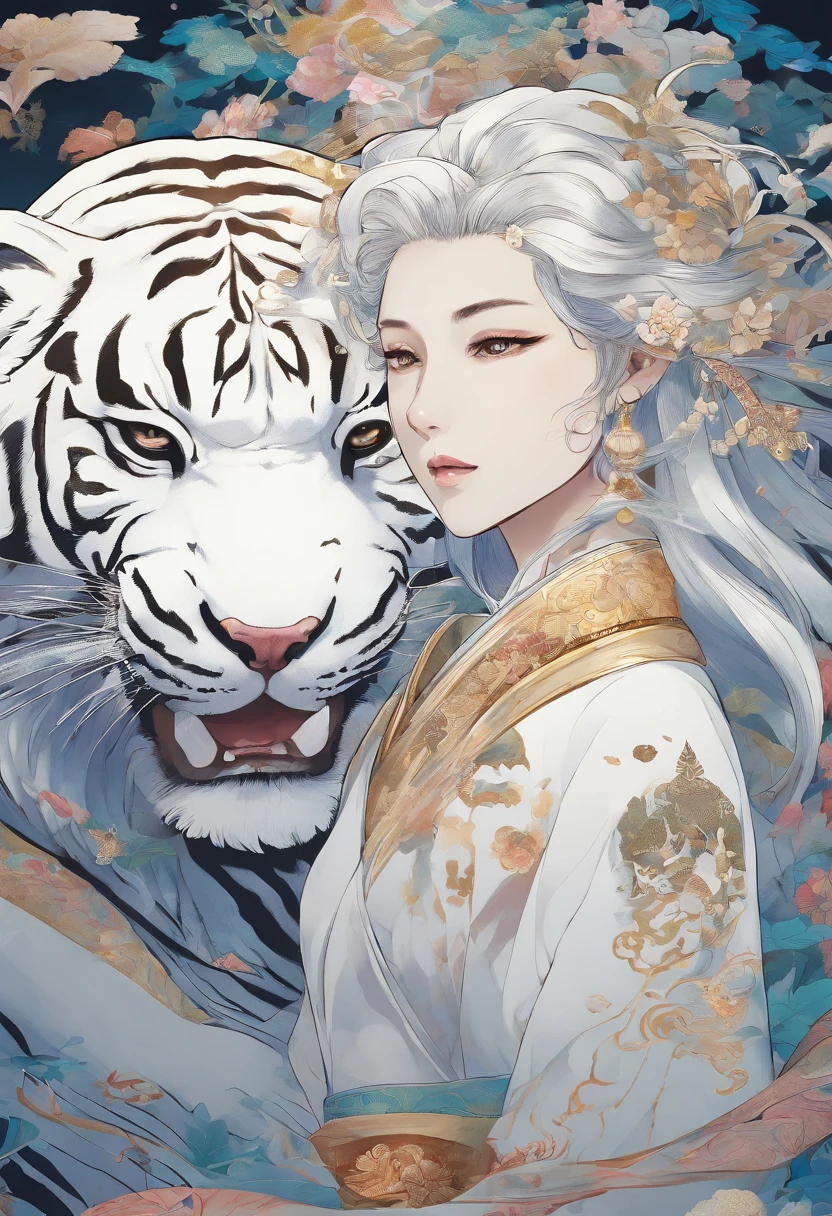 the white tiger and a mature adult female beautiful beast tamer, mature woman, (mature face:1.4), Mountain and Sea Sutra,mythological beasts, Handsome, mature face, extremely detailed, beautiful shadow and lighting, masterpiece, absurdes