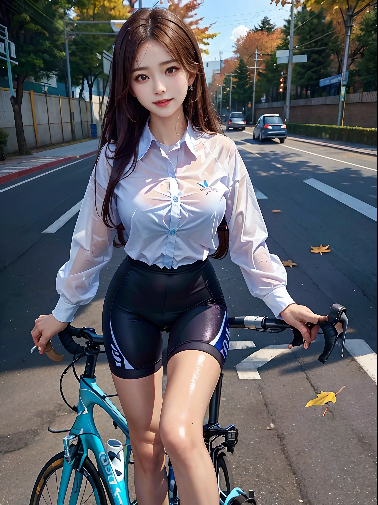 (realisitic), (intriciate detail: 1.2), (masutepiece: 1.3), (Best Quality: 1.4), (超High Resolution A: 1.2), 超High Resolution A, (Detailed Eyes), (Detailed face), with dramatic lighting, foco nítido, 1Beautiful Girl,Beautiful Japanese idols,(Sexy Road Bike Racing Uniform),Uniform with an open chest,age girl riding the perfect bike,In addition々Sissy face, beautifull face, Sorrisos,large full breasts,skiny,big size ass,Translucent sexy shirt,shiny skins,perfect hand,nice legs,Wet skin sweat,(Road bike ride:1.2),Ginkgo tree with foliage,Blue sky in autumn,(Leaves fall off.......),dynamicposes,Watch your audience,(The upper part of the body:1.2), open shirt, I can see the braza, exposing breasts