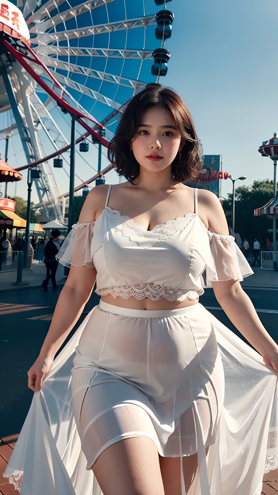 1 girl, obese body, big size, round face, double chin, overweight,Shoulder length Fluffy short curly hair ,Low V-neck white evening dress transparent lace gauze  skirt ，navel，holding her weight on her stomach and looking at the camera，Amusement Park, Ferris Wheel