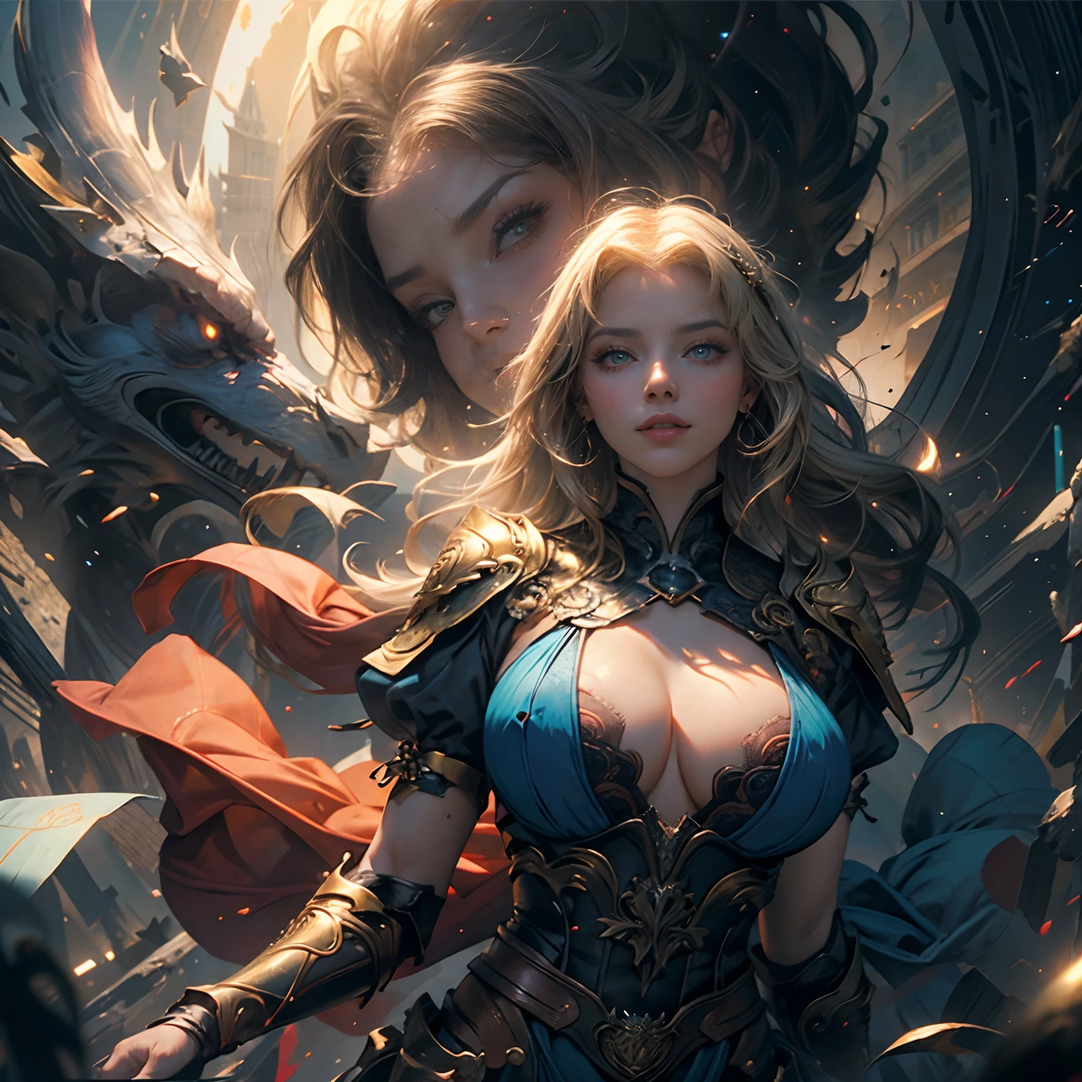 High-angle shot of a smiling blonde female character, (FISHEYE ANGLE)++++, vista de arriba hacia abajo, 60º bird's-eye view camera angle, Ultra wide-angle camera, (8k, La mejor calidad, obra maestra: 1.2), (The character is on the roof of a skyscraper, Pies en el borde de la cornisa en la parte superior de un rascacielos, fotorrealista: 1.37), Below the city with skyscrapers in the background with the sun on the fantasy horizon, cuerpo completo del personaje, VRAY, HDR,Ultra detalle, calidad premium, ultra-high def, Pro Lighting, mapeo de fotones, physically based representation, cinematic lighting+, Margot Robbie+++ is the blonde superheroine Supergirl (viste camiseta azul ajustada con una S DE SUPERMAN amarilla en el centro del pecho, una tanga azul, y botas de cuero rojo brillante), sin guantes, sin brazaletes, damp skin, gotas brillantes de sudor, erotic, pechos grandes desnudo, rubor rojo、un cuerpo mojado、vampiresa viciosa, (brillante), Chica animadora、melena intrincada rubia+++ 、sonriente, sonrisa perfecta、gran escote, high fantasy、obscenidad、Tetas colosales、senos muy grandes, The pink nipple peeks through the clothes, grandes pezones duros, highly detallado、8k、high resolusion、Labios grandes y jugosos、muslos gruesos y jugosos、maquillaje、sombra de ojos de color rojo, pechos grandes y brillantes、fotorrealista、cinema4d、octane representation、Un sexy、Curvaceous but slender、Sobreexpuestas、Perfectcomposition、NSFW, Calidad profesional, motor irreal , profundidad espacial, (Chispas: 0.7), (8k, La mejor calidad, obra maestra: 1.2), The most beautiful illustration in the world, (realista, fotorrealista: 1.37), Ultra detalle, calidad premium, ultra-high def, Pro Lighting, mapeo de fotones, radiosidad, physically based representation, cinematic lighting, cabello bioluminiscente, ojos brillantes, Arte de Artgerm y Greg Rutkowski y Alphonse Mucha,