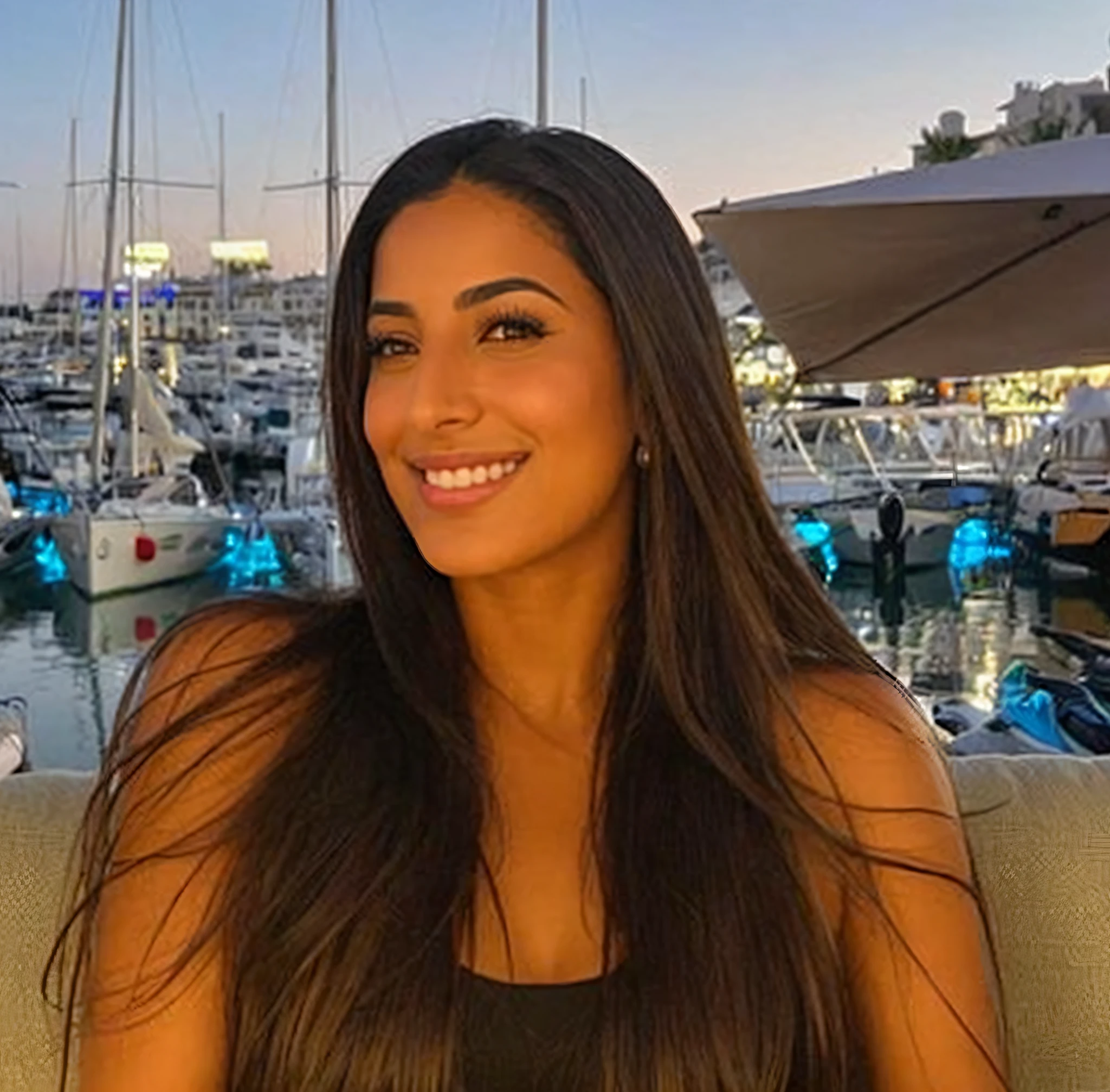 arafed woman sitting on a couch in front of a marina, tanned ameera al taweel, meni chatzipanagiotou, beautiful and smiling, greek ameera al taweel, by Gina Pellón, violet myers, 30-year-old woman from cuba, christina kritkou, by Emma Andijewska