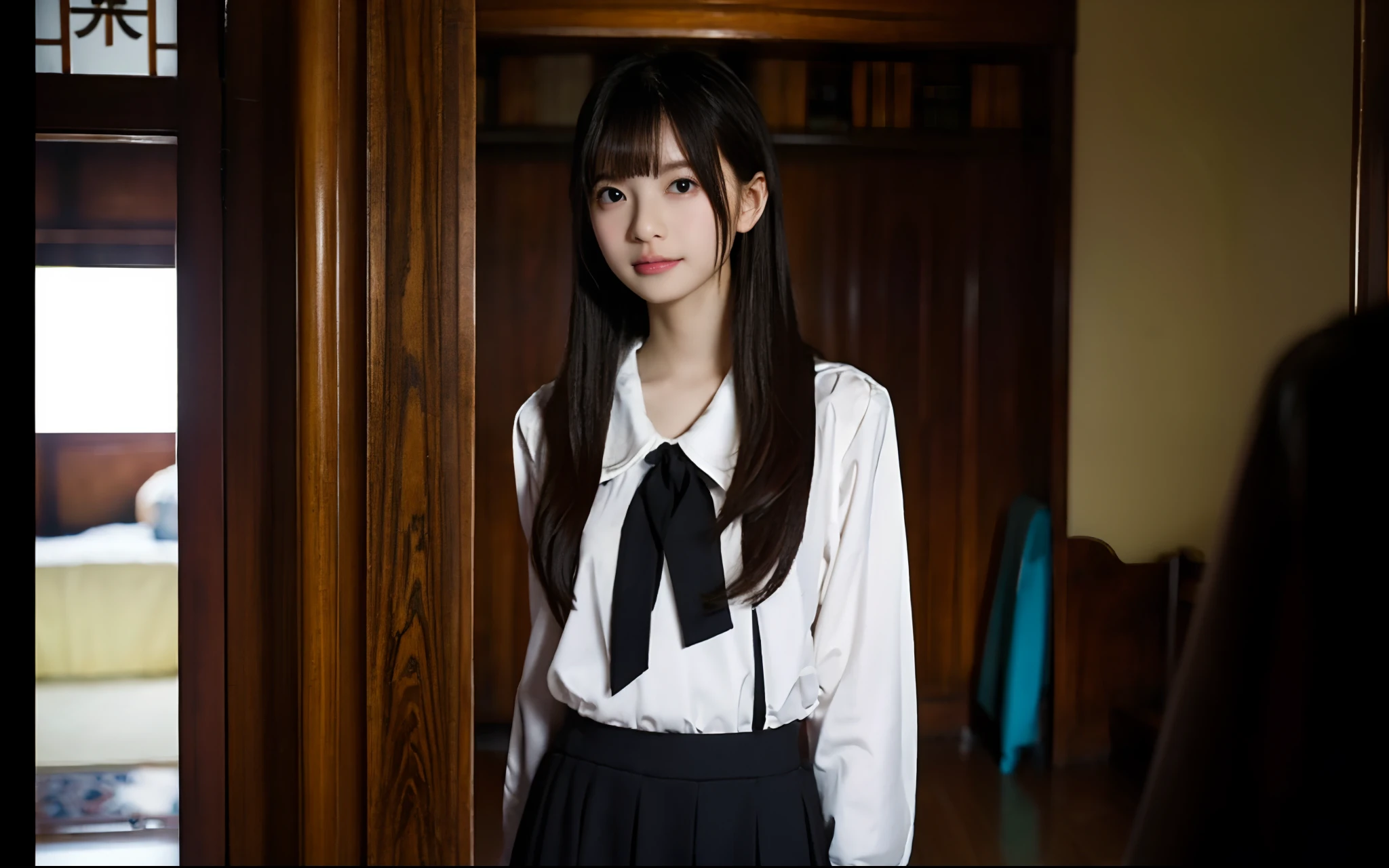 NSFW、8k, top-quality, （pubic hair beauty）、hight resolution, realisticlying, realperson, 1girl in、独奏、(top-quality)、(​masterpiece:1.1)、full bodyesbian、looking_at_viewer、dynamic ungle、校服、cute little、Clear facial skin、