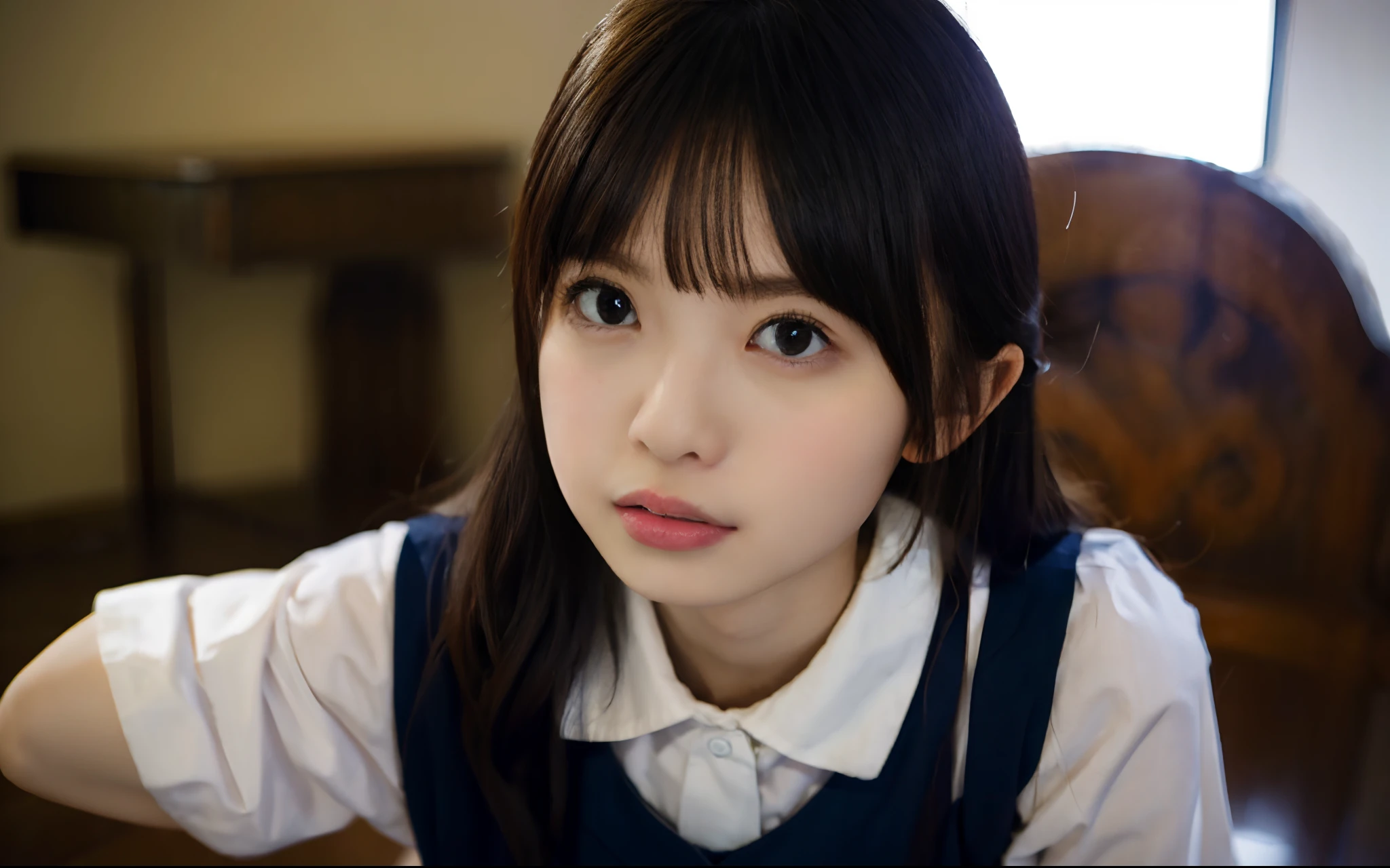 from above,(wariza:2),angry face,look up,10-year-old Elementary school girl with long black hair