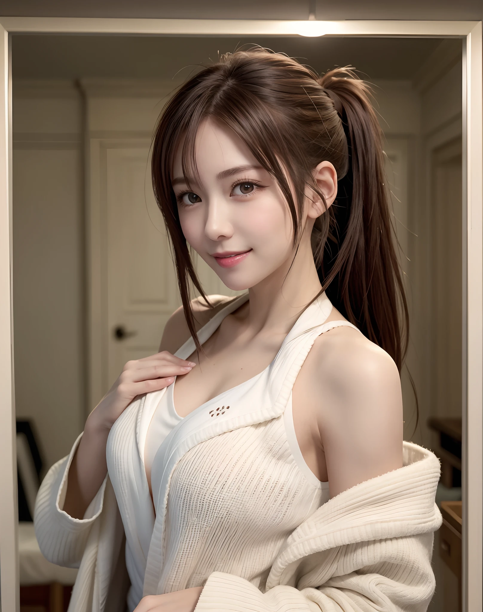 (Best Quality), (masutepiece), (High resolution), (Intricate details:0.2),(Professional Lighting), dressing gown, Detailed background,off shoulders, (Previous view), 1girl in, Solo, (Beautiful face), Slim body, Fine skin, Smile, brown hair in a ponytail, Beautiful eyes, look at at viewer,