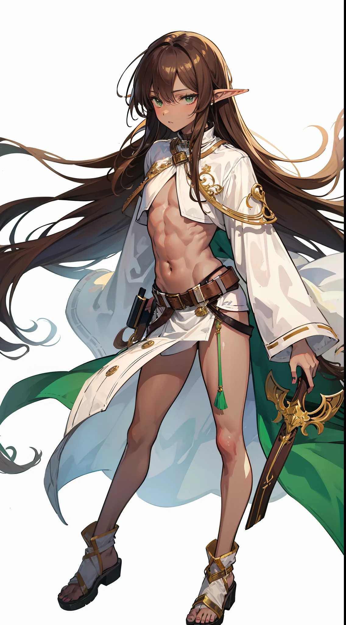 a  beautiful man, extremely long hair , brown hair , light green eyes , ((brown skin+++)), adult male ,Solo, male, skinny , , wearing a crop top    , skinny body , full lips , has small elf ears , full body , white background,