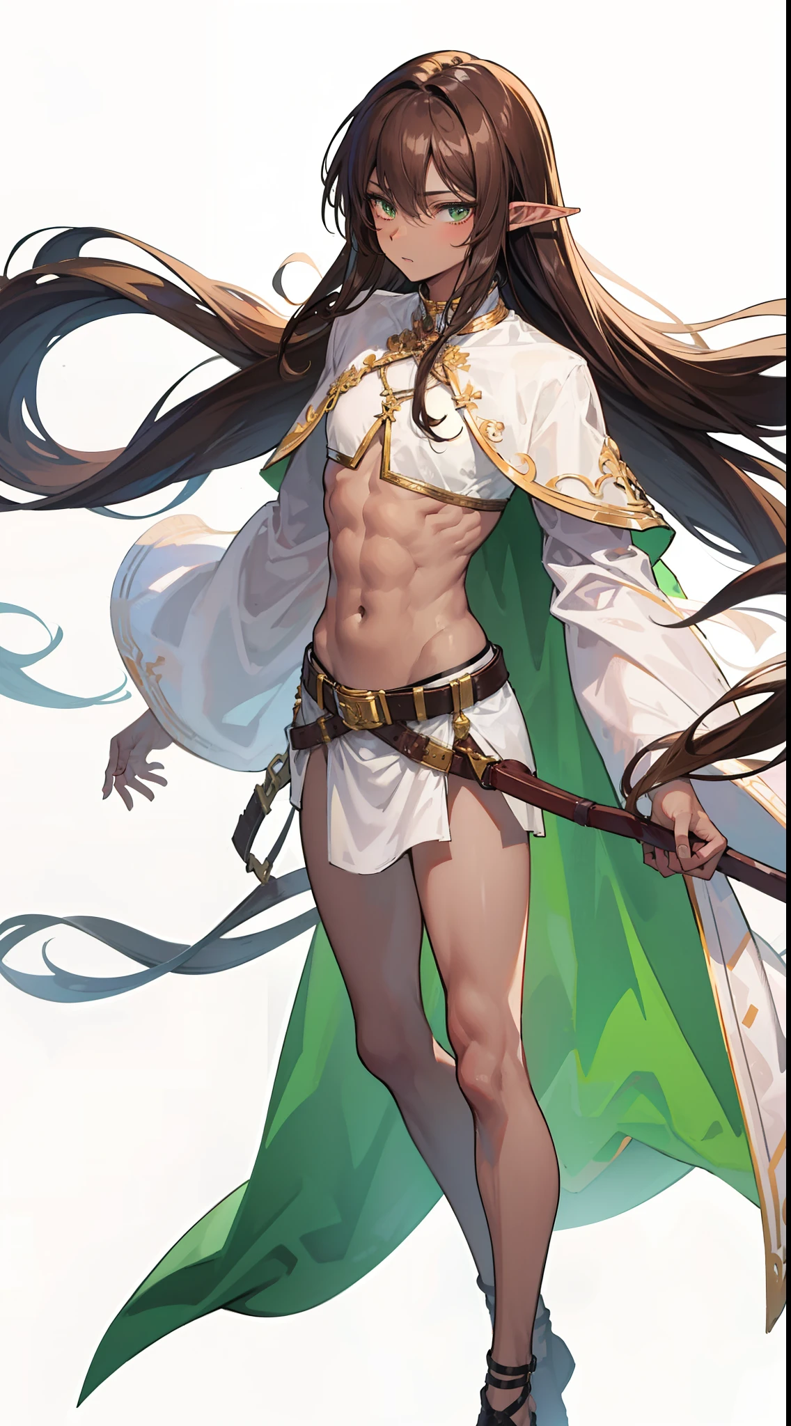 a  beautiful man, extremely long hair , brown hair , light green eyes , ((brown skin+++)), adult male ,Solo, male, skinny , , wearing a crop top    , skinny body , full lips , has small elf ears , full body , white background,