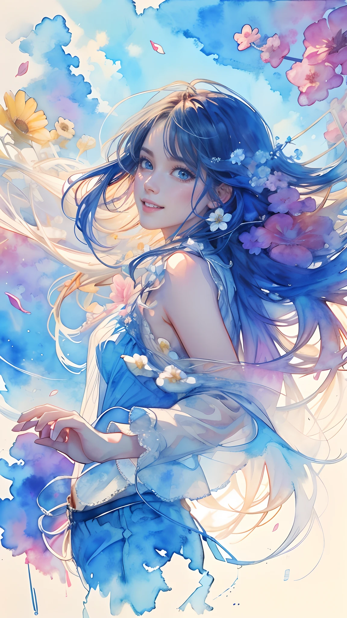 8K,masterpiece,top-quality, From below , Cowboy Shot ,Dynamic Pose,1girl in, Portrait, Floral, watercolor sketch, light, Long hair, Reaching out,Happy smiling face, watercolor paiting \(Medium\),One piece without collar,A sexy