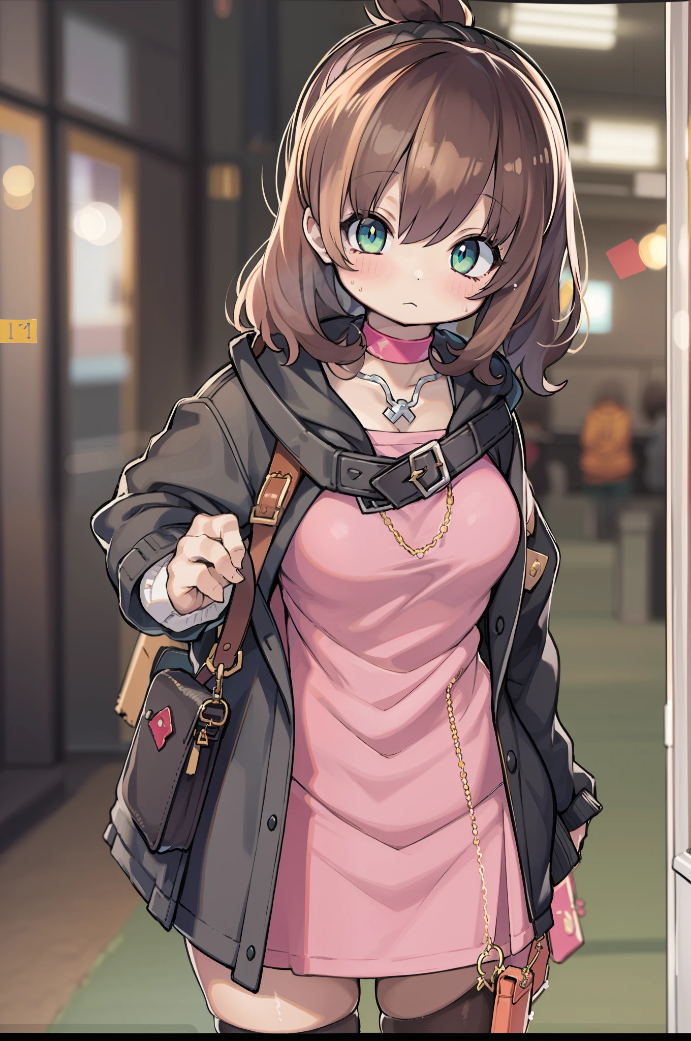 Beautiful, masutepiece, Best Quality, extra detailed face,  Perfect Lighting, 1girl in, Solo, sketch, Marnie (A pokémon), Green eyes, asymmetrical bangs, backpack, Bag, Black Choker, Black jacket, Blurry, Blurry background, Choker, Closed mouth, Dress, from behind, Indoors, Jacket, Long sleeves, Looking at Viewer, Looking back, off shoulders, Pink dress, Red bag, Solo