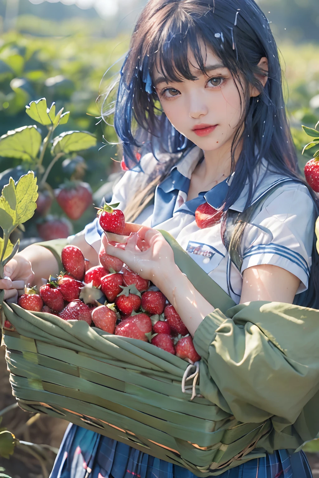 best quality, ultra high res, (1 girl:1.4), solo,(upper body:1.2), (photorealistic:1.4), (pretty teengirl:1.2),big breasts,balck long hair, parted bangs,air bangs, red lips,light_smile,(shot hair), wet, messy_blue hair, stick out,(school uniform:1.4),white shirt with blue collar, blue shorts,(looking at viewer:1.4),(a basket on her forearm:1.4),(picking strawberries:1.4), (strawberry farm:1.4), (rows of plants:1.4), (red berries:1.4), green leaves, sunshine, (baskets:1.2), picking,(pureerosface_v1:0.5)