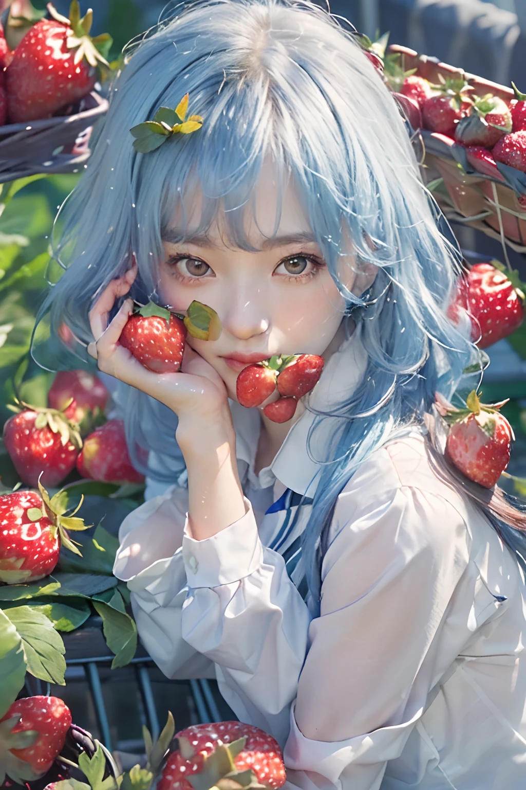 best quality, ultra high res, (1 girl:1.4), solo,(upper body:1.2),  (photorealistic:1.4), (pretty teengirl:1.2),big breasts,balck long hair, parted bangs,air bangs, red lips,light_smile,(shot hair), wet, messy_blue hair, stick out,(school uniform:1.4),white shirt with blue collar, blue shorts,(looking at viewer:1.4),(a basket on her forearm:1.4),(picking strawberries:1.4), (strawberry farm:1.4), (rows of plants:1.4), (red berries:1.4), green leaves, sunshine, (baskets:1.2), picking,(pureerosface_v1:0.5)