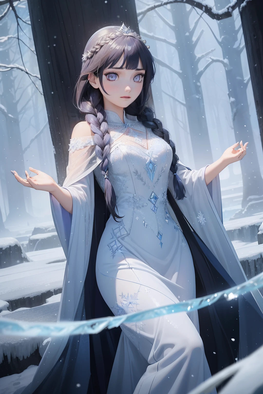 ice queen、Beautuful Women、(Long bundled into beautiful braids(dark blue  hair；：1、2)）、White skin is beautiful、Ice Long Dress、beautiful nordic woman、Beautiful purple eyes、Queen of snow、Ice Castle、(Frozen),dark blue hair, Blunt Bangs, purple eyes,