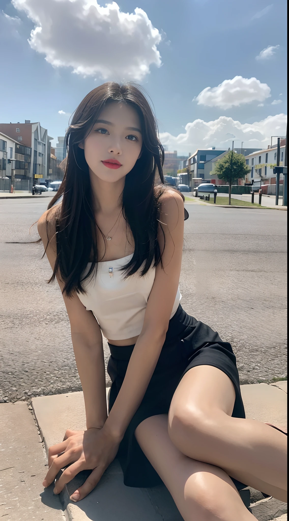 ((best qualtiy, 8K, tmasterpiece:1.3)), A pretty maiden,Pure,Melon seed face,gentle and cute,A sweet smile,Pure desire,Thin stature,(frontage),(Tilt your head),staring right into camera,uniform, Obi, formal,Black silky long, Straight hair,Long hair flowing over the shoulders,round black big eyes,Clear big eyes,Hydrated red lips,Sweet,Sit by the road,with blue sky and white clouds,Blue skies,grassy fields,Buildings,