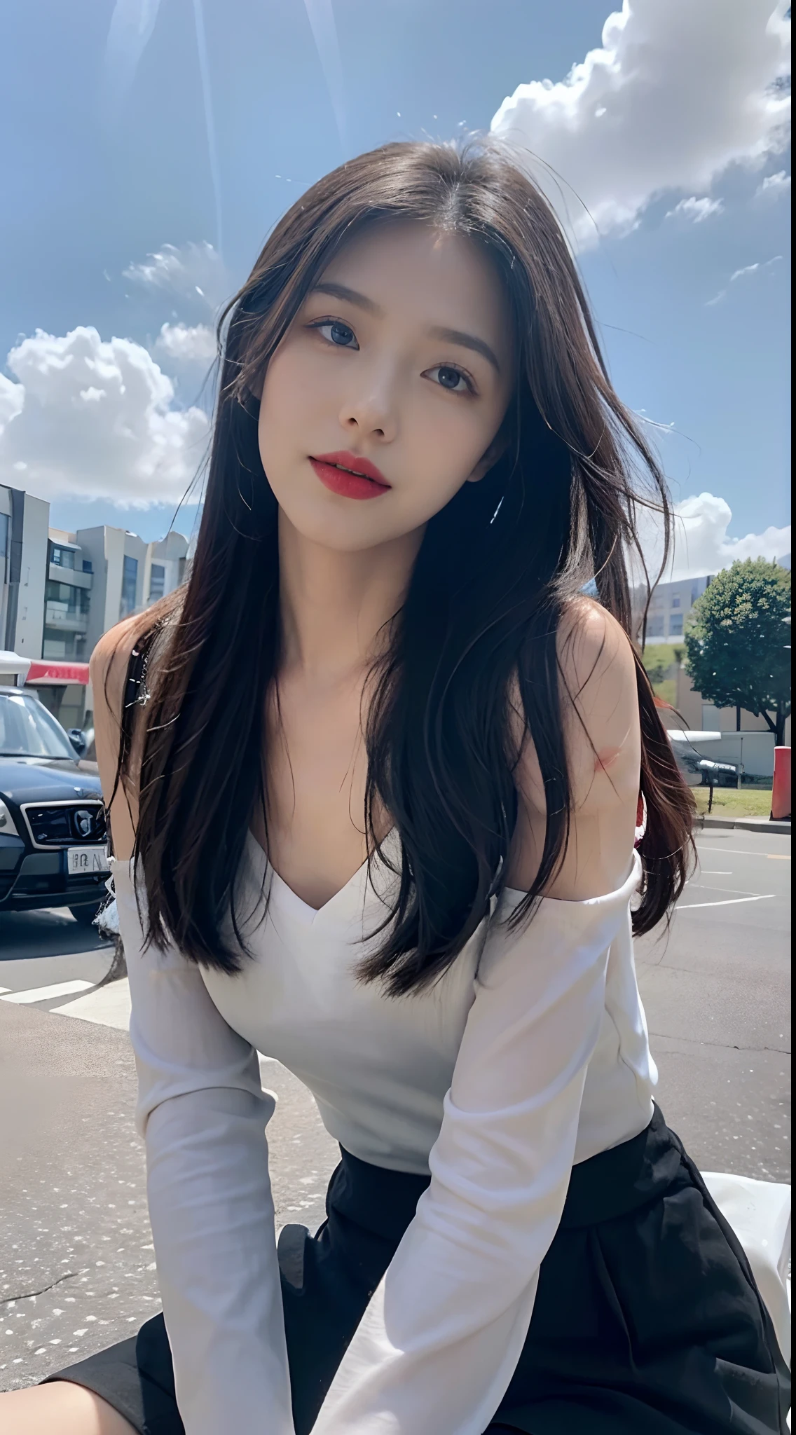 ((best qualtiy, 8K, tmasterpiece:1.3)), A pretty maiden,Pure,Melon seed face,gentle and cute,A sweet smile,Pure desire,Thin stature,(frontage),(Tilt your head),staring right into camera,uniform, Obi, formal,Black silky long, Straight hair,Long hair flowing over the shoulders,round black big eyes,Clear big eyes,Hydrated red lips,Sweet,sitted,with blue sky and white clouds,城市