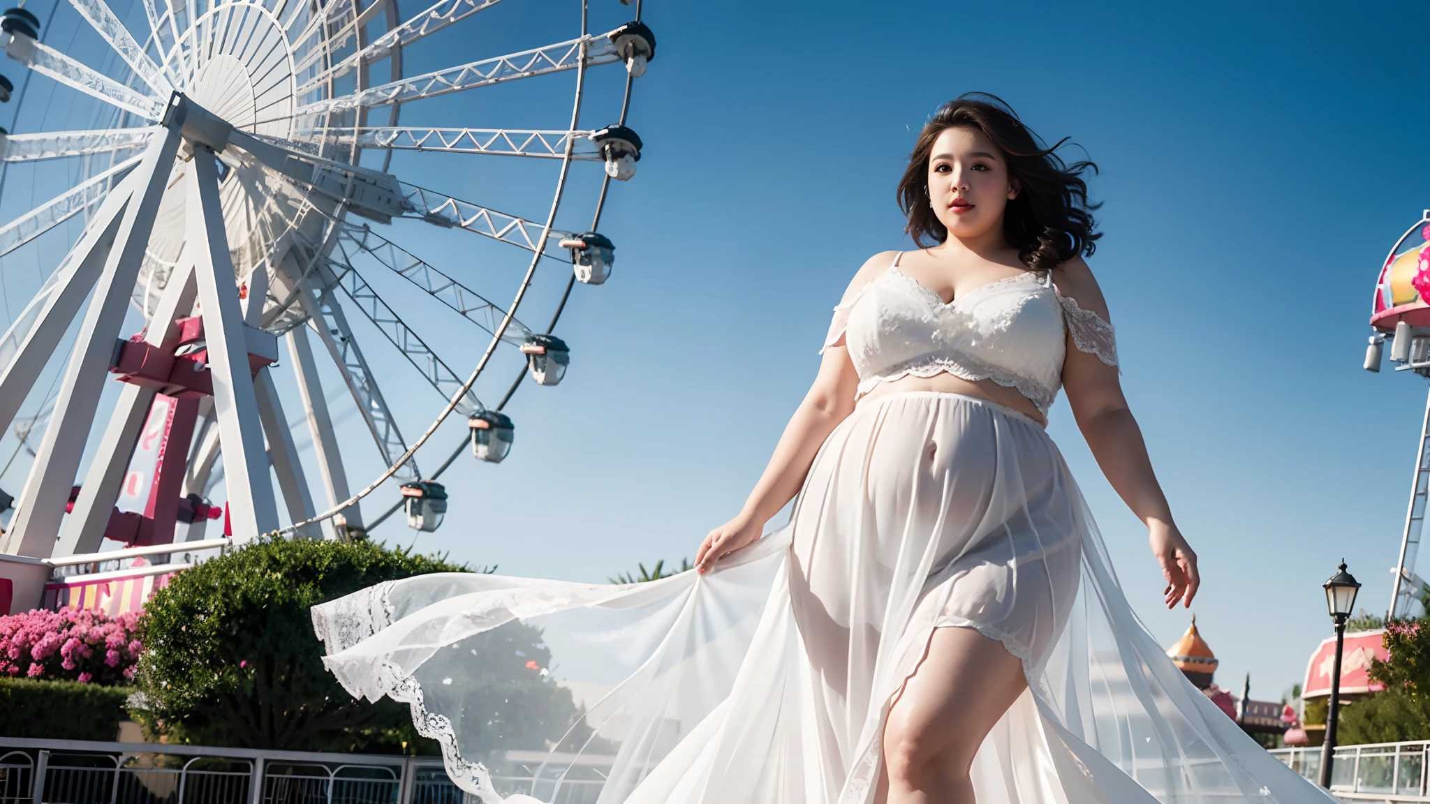 1 girl, Obese body, generous dimensions, face round, double chin, Overweight,Shoulder length Short, fluffy curly hair ,Low V-neck white evening dress transparent lace skirt ，navel，Put her weight on her stomach，looks into camera，An amusement park, Ferris wheel