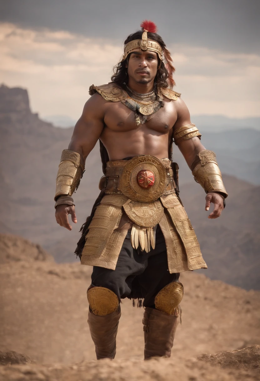 Simyaza, The leader of the chiefs of tens. Tall, muscular, tan male with holy golden armor on. On top of a mountain with mountain range in the background. Dusk. His eyes are electrified. Smoke blowing out of his nostrils. A large group of dark silhouettes behind him cheering.