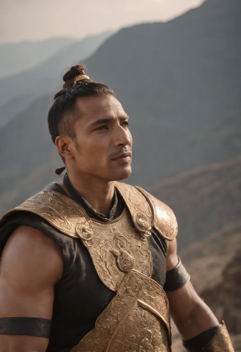 Simyaza, The leader of the chiefs of tens. Tall, muscular, tan male with holy golden armor on. On top of a mountain with mountain range in the background. Dusk. His eyes are electrified. Smoke blowing out of his nostrils. A large group of dark silhouettes behind him cheering.
